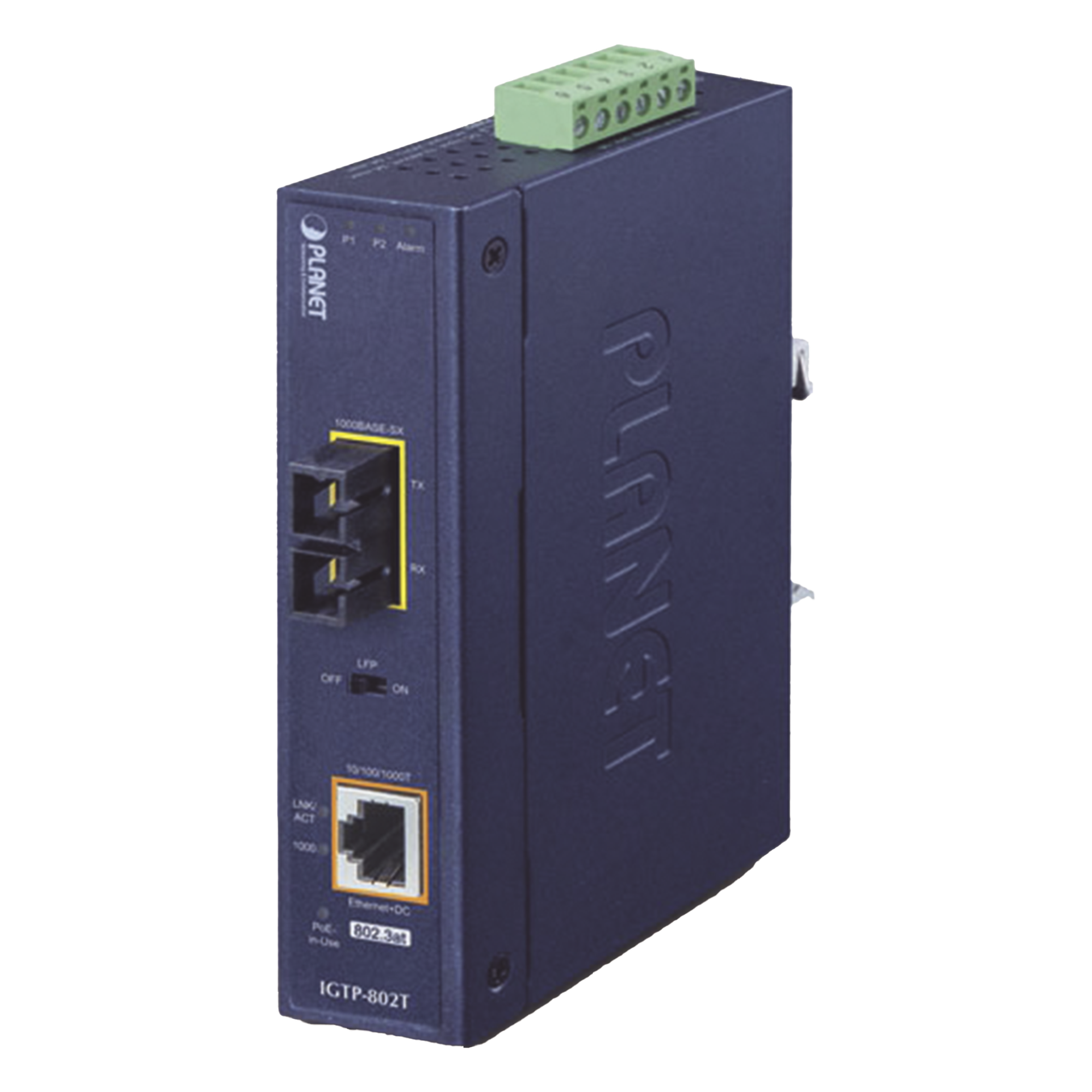 Convertidor de medios / PoE+ 802.3at / 1000BASE-SX a 10/100/1000BASE-T / Multimodo SC / 550 m (1804 ft) / -40 a 75°C / IP30 — PLANET · SKU IGTP-802T