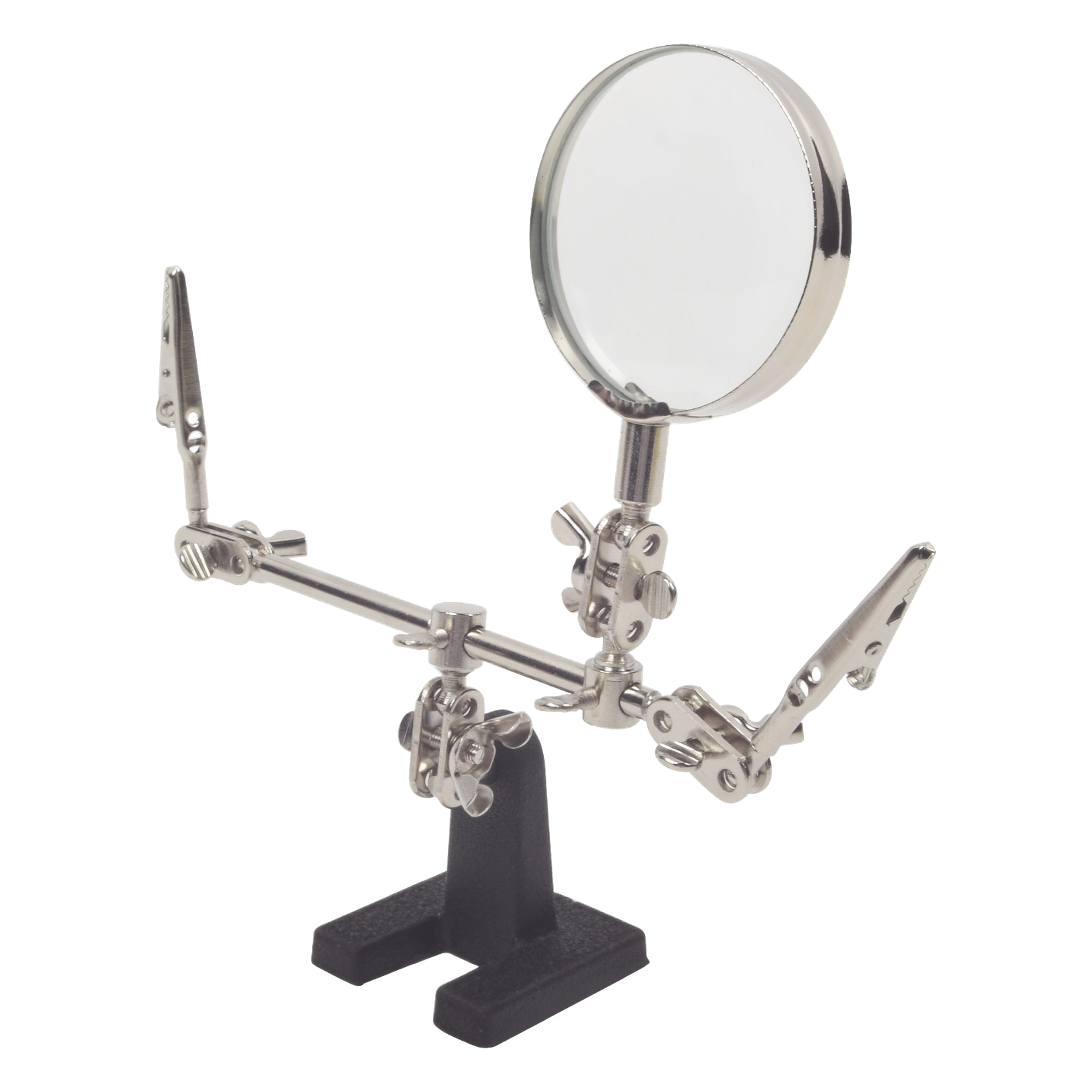 Soporte con lupa y brazos con clip / Lupa 6.2 cm / Aumento 3x / Base hierro fundido / 289 g / 14 x 8 cm (5.5 x 3.1 pulgadas)