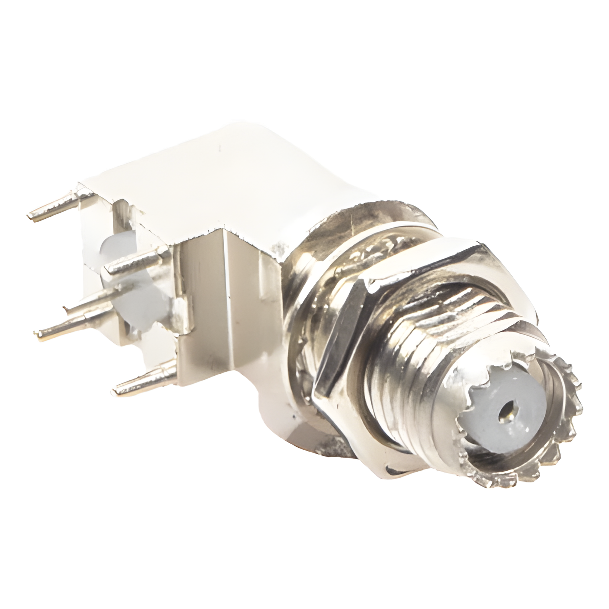 Conector Mini UHF Hembra / Montaje en PCB / Soldable / Cuerpo y Contacto de Estaño / Aislante de Polipropileno — RF INDUSTRIES,LTD · SKU RFU-6065