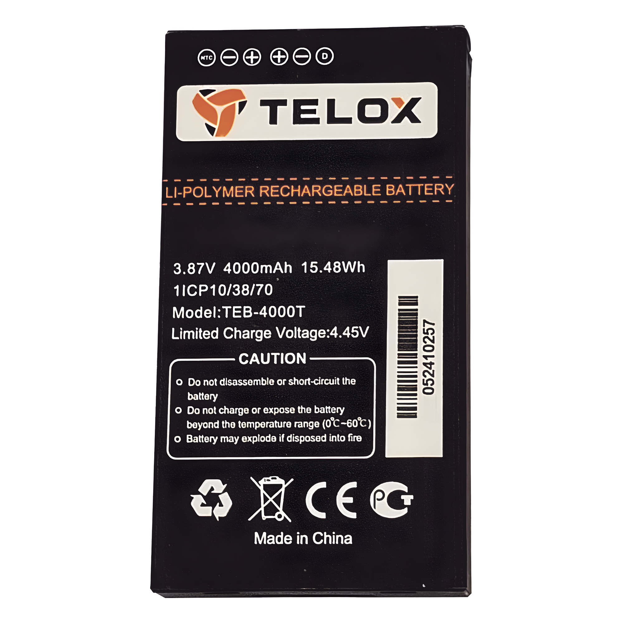 Batería Li-Ion / 4000 mAh / 3.8 VCC / 13.68 Wh / Carga 4.35 VCC — TELOX · SKU TEB4000T