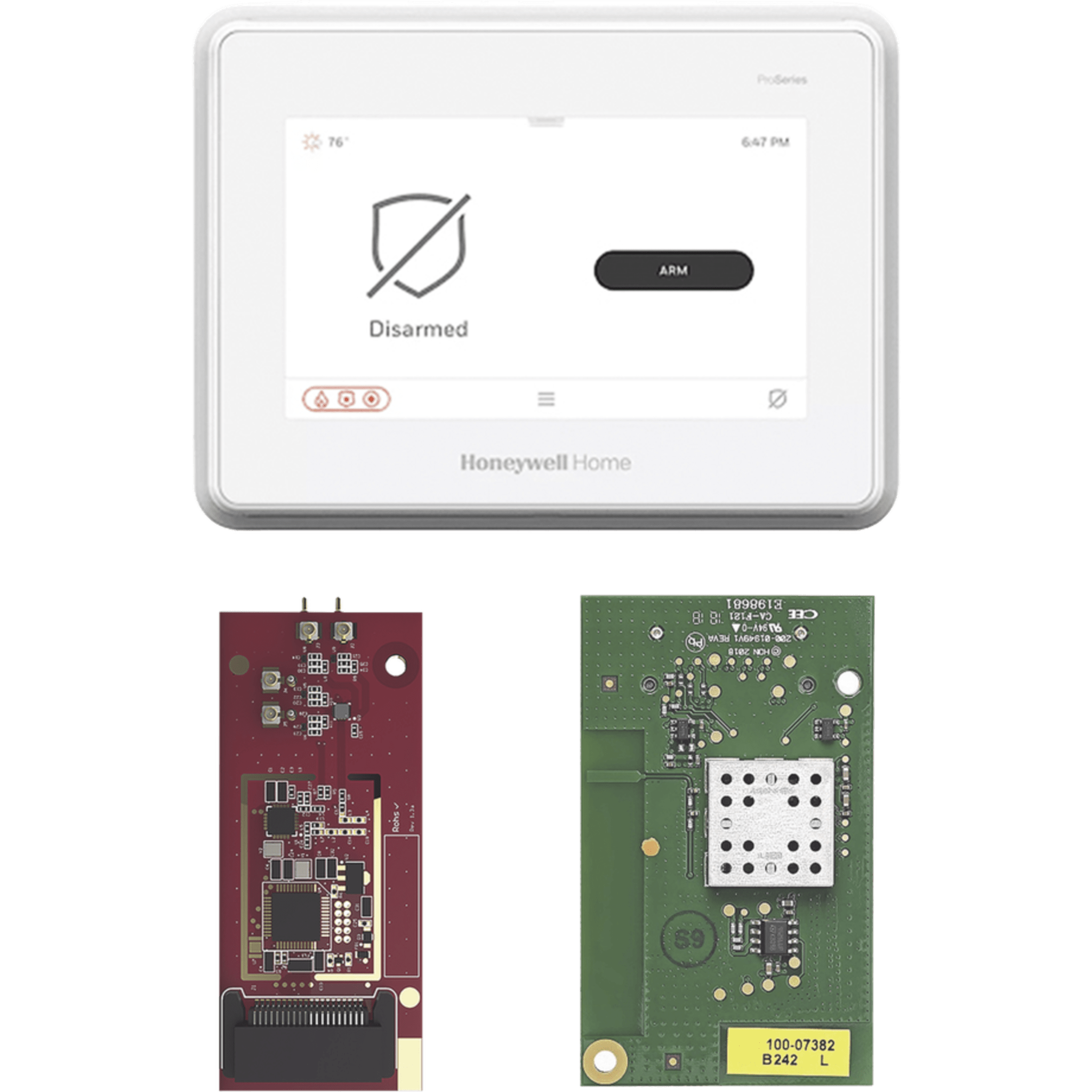 Panel de alarma todo-en-uno con pantalla táctil de 7 pulgadas y módulo de toma de control para sensores 5800, 2GIG, DSC, ITI/Qolsys y Bosch — HONEYWELL HOME RESIDEO · SKU PROA7FATAKEOVR1