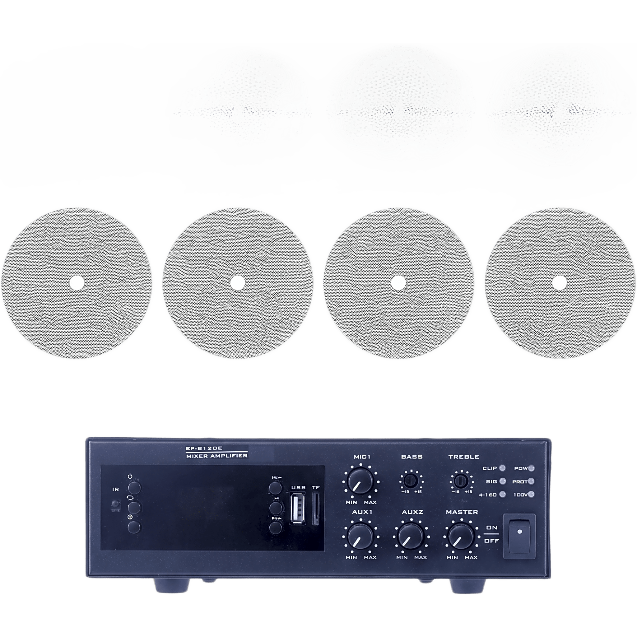 Kit de Amplificador de 120W / 4 Altavoces de Techo 6" / Sistema 70/100V / Bluetooth / MP3 / FM / USB — EPCOM PROAUDIO · SKU EPB120E/4CST