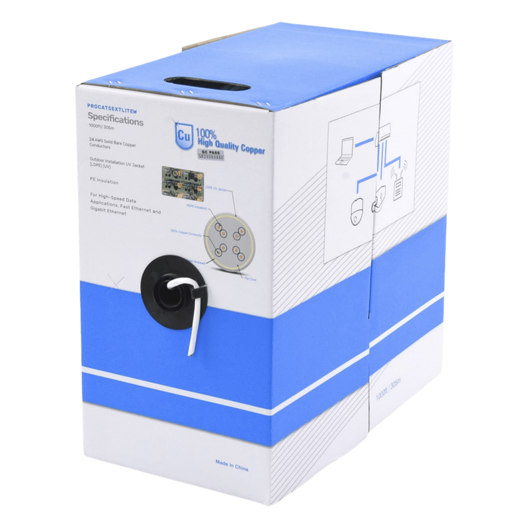 Bobina de Cable UTP Cat5e para Exterior / 305 m (1000 pies) / 24 AWG / 6.2 mm / Certificado UL / 100% Cobre / Sin Blindaje — LINKEDPRO BY EPCOM · SKU PRO-CAT5-EXT-LITEW