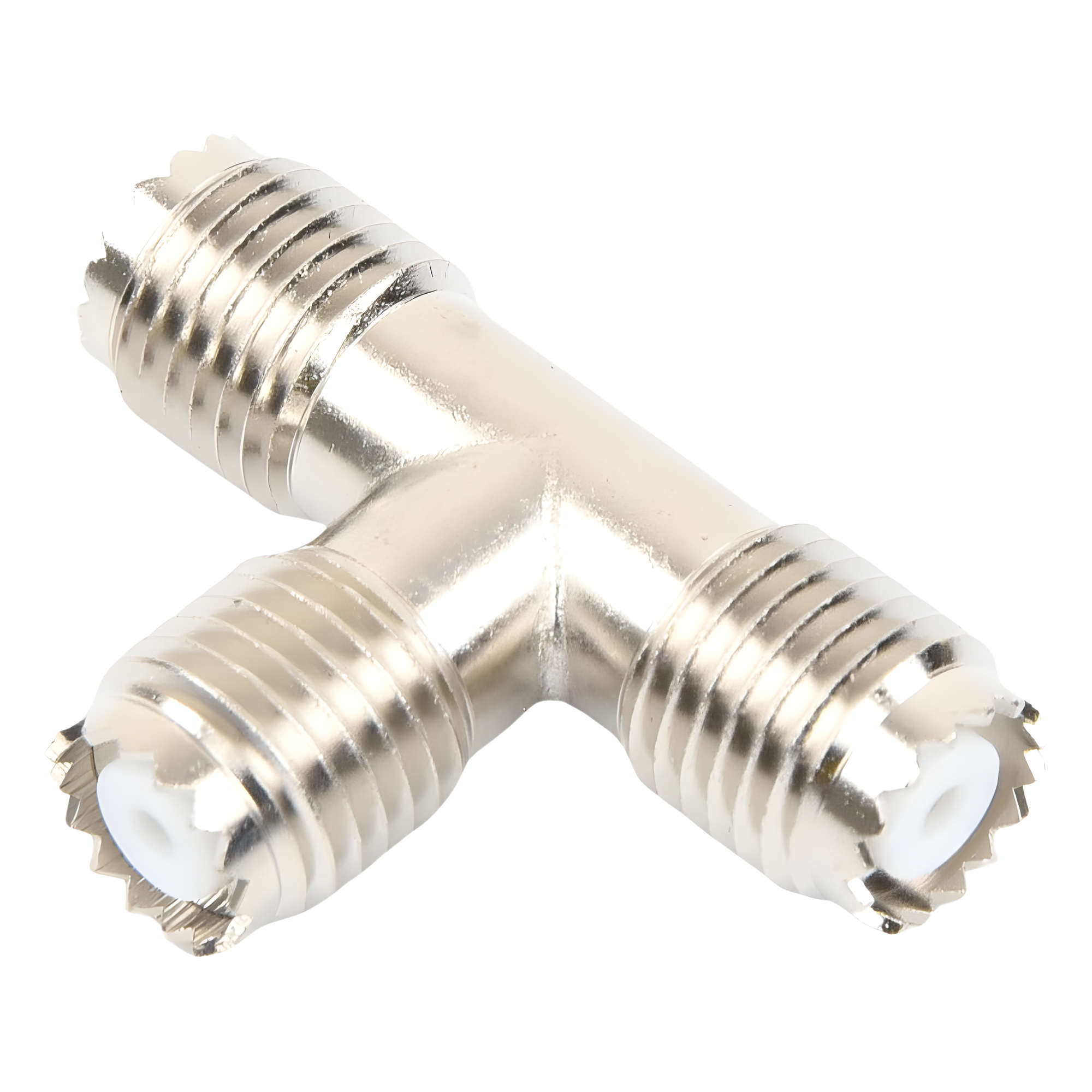 Adaptador RF en T / Triple Mini-UHF Hembra / Cuerpo Níquel / Contactos Plata / Dieléctrico Teflón