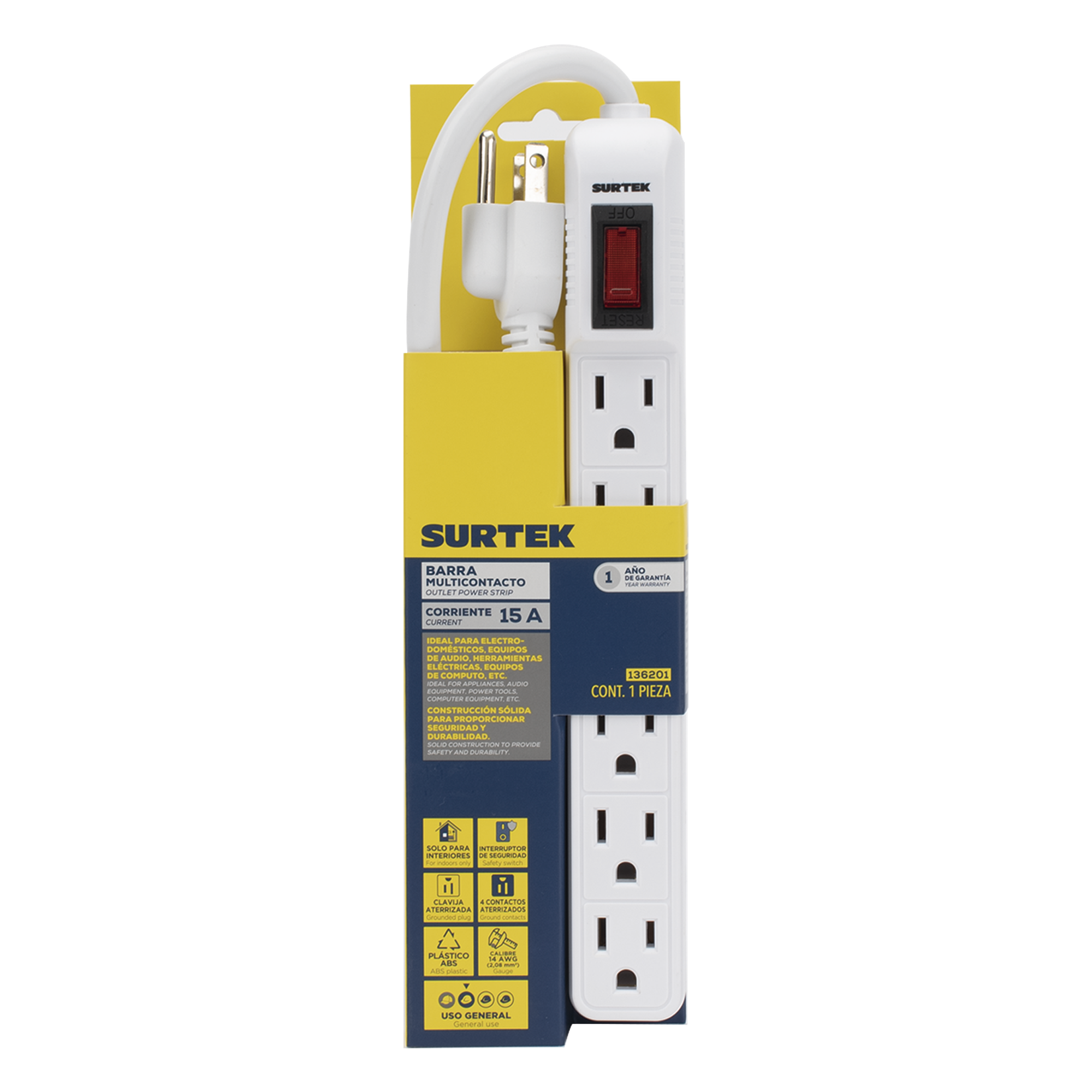 Multicontacto con cable 30 cm. 6 tomas 127 Vca línea, tierra, neutro 15 A max.