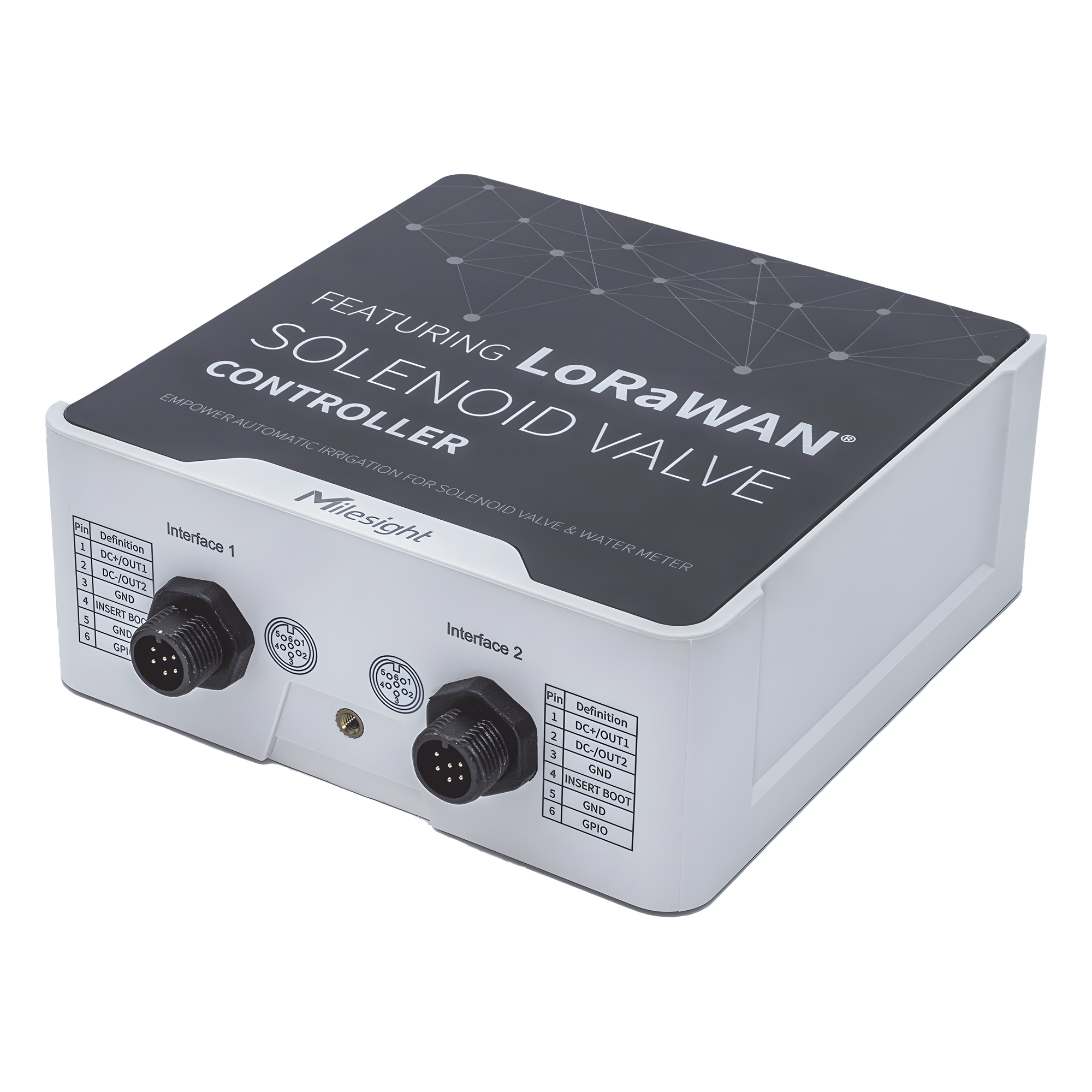 Controlador IoT LoRaWAN / 2 Salidas CC para Válvulas Solenoides / 2 Entradas por Pulsos / IP67 / 16 Eventos de Riego — MILESIGHT · SKU UC512DI915M