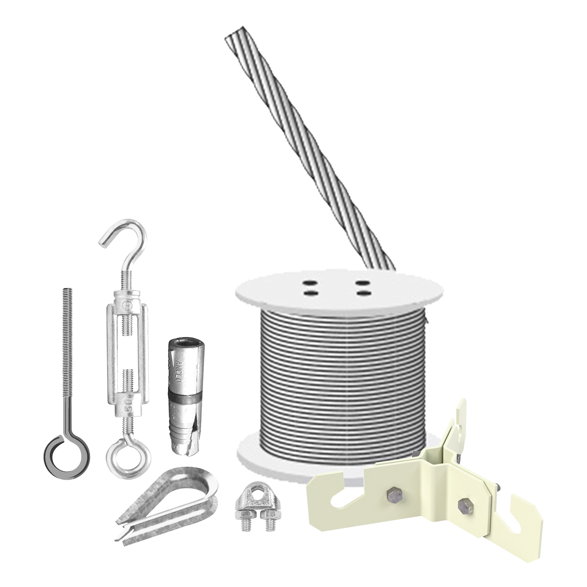Kit de Sujeción de Mástil / 6 m (19.7 ft) / Concreto / Cable de Retenida 30 m (98.4 ft) / 3 Puntos de Anclaje / Tensor Final — SYSCOM TOWERS · SKU KIT-RET-6M