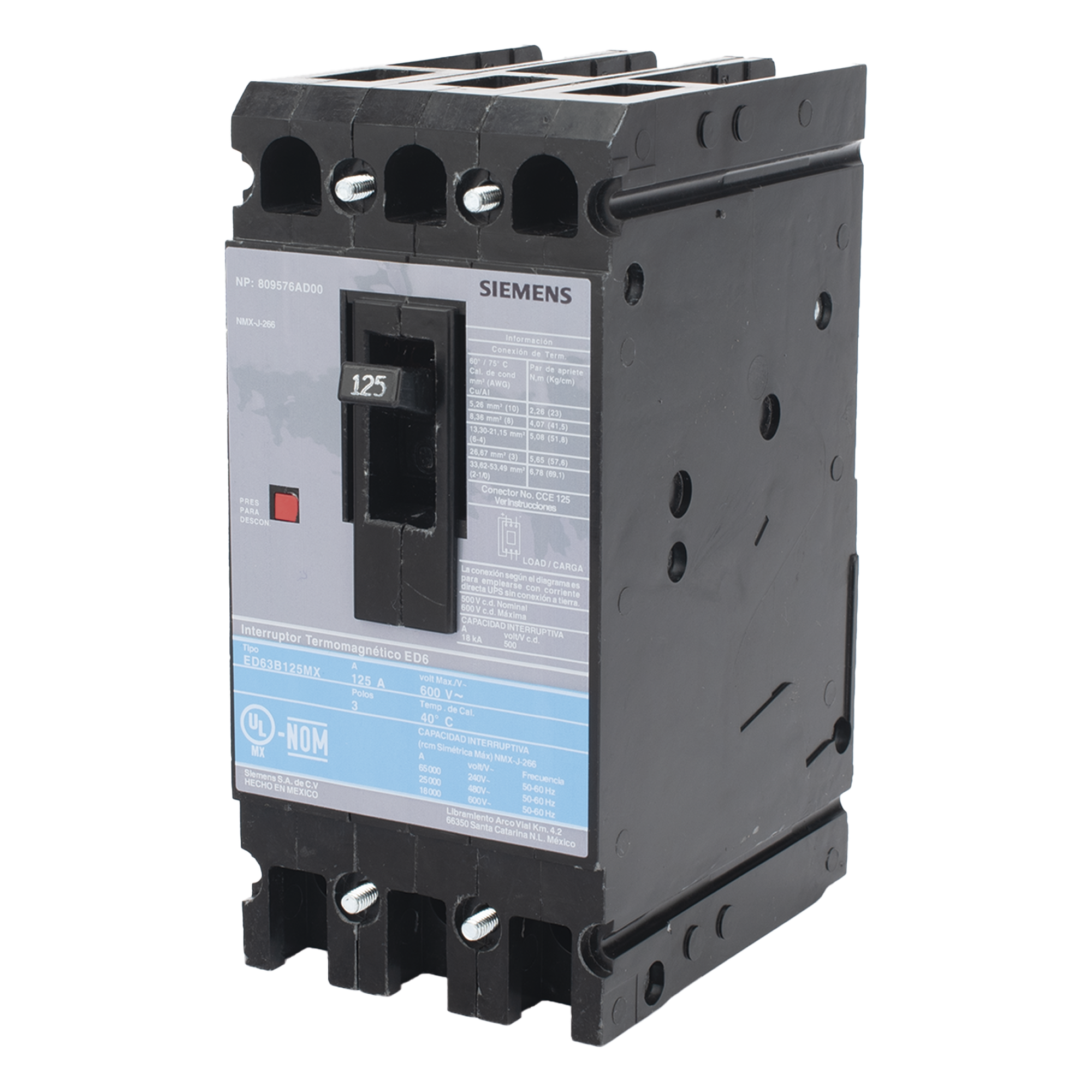 Interruptor Termomagnético / 3 Polos / 125 A / 600 VCA / 18 kA / 400 Hz — SIEMENS · SKU ED63B125MX