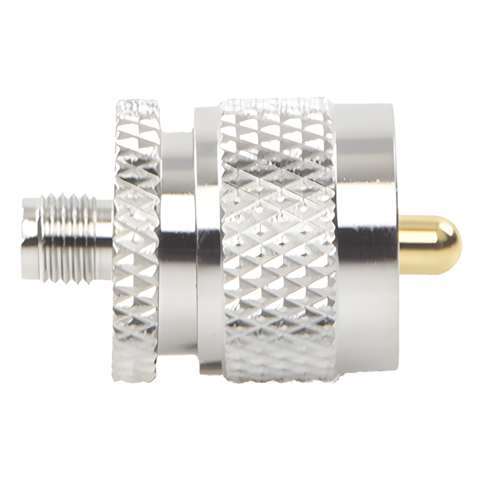 Adaptador RF en Línea / SMA Hembra a UHF Macho (PL-259) / Cuerpo Bronce Niquelado / Contacto Oro / Aislante Teflón