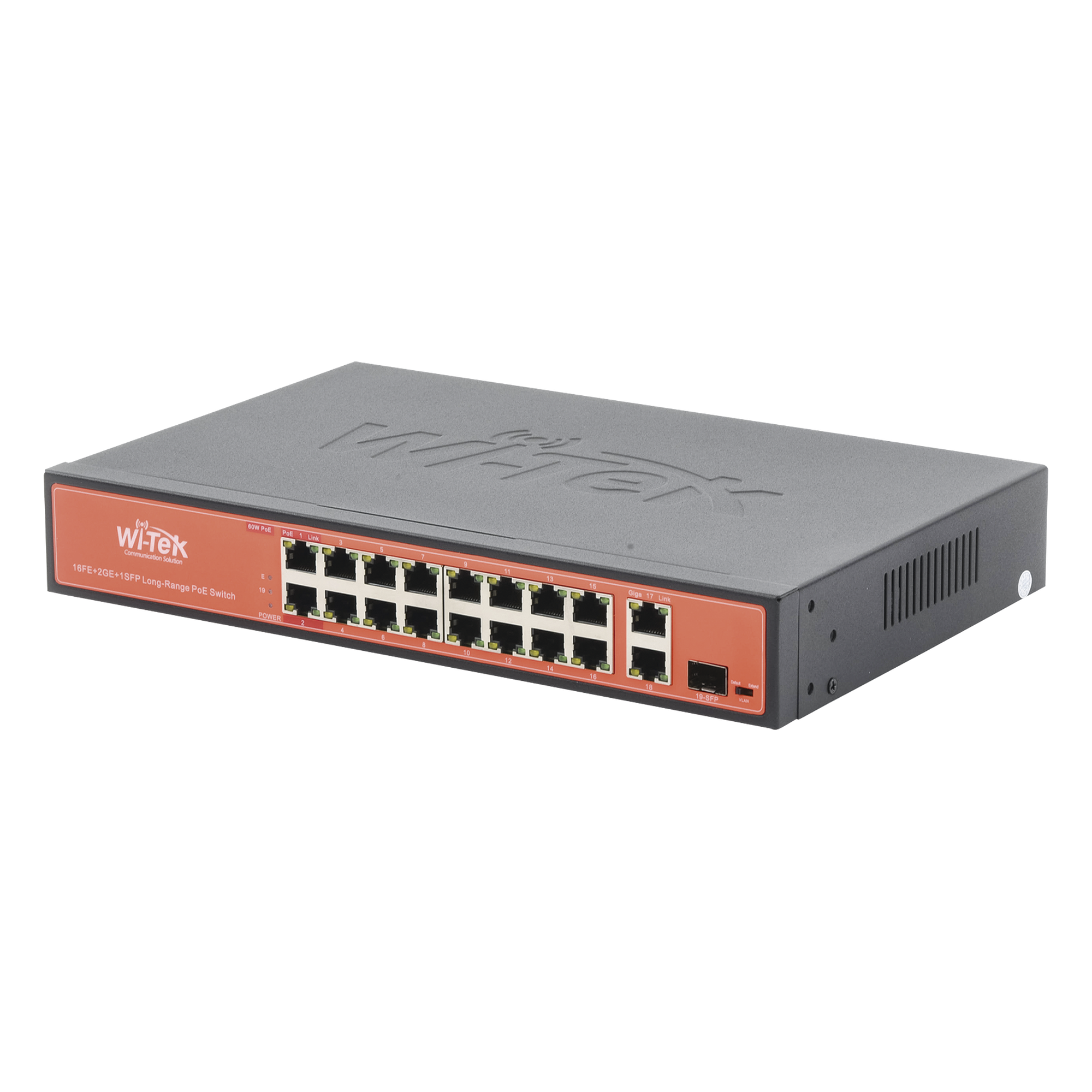 Switch PoE de largo alcance / 250m (820 pies) / 16 x 10/100Mbps PoE + 2 x Gigabit + 1 x SFP / 200W / No administrable — WI-TEK · SKU WI-PS518G