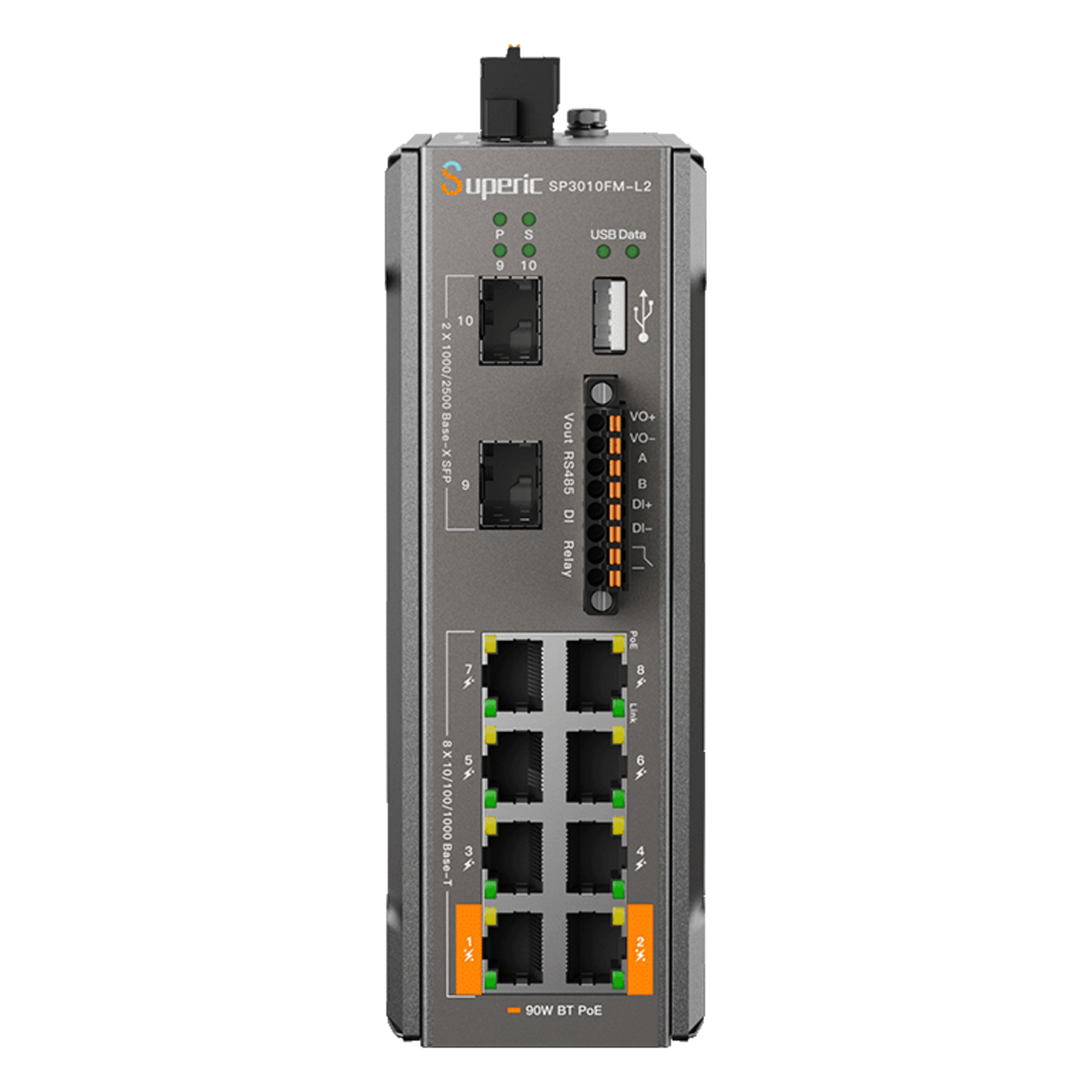 Switch PoE Industrial / 8 Puertos Gigabit PoE / 2 Puertos SFP 2.5 Gbps / 240W Presupuesto PoE / 26 Gbps Capacidad de Conmutación / -40 ℃~75 ℃ / DIN-Rail, Pared, Escritorio — WI-TEK · SKU SP3010FML2(V3)