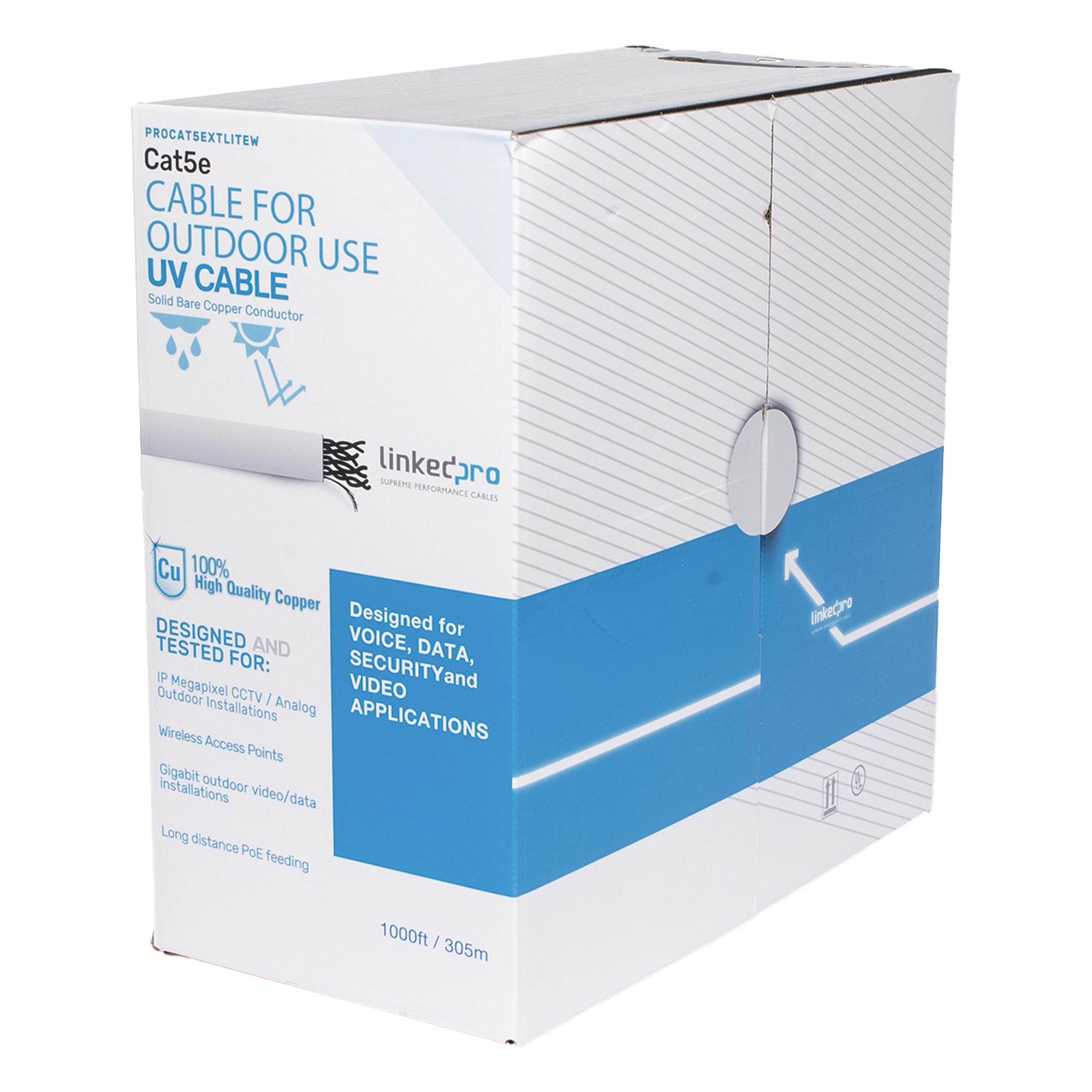 Cable UTP Cat5e / 305 m (1000 ft) / Exterior UV / 24 AWG Cobre Sólido / Fast Ethernet / PoE / Blanco — LINKEDPRO BY EPCOM · SKU PRO-CAT5-EXT-LITEW-V2