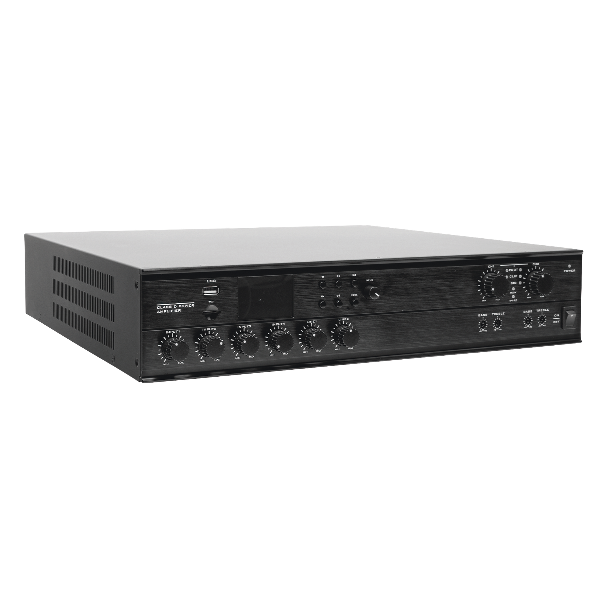 Amplificador Mezclador Matricial / 2 zonas / 240W por canal / 6 entradas / Bluetooth USB SD FM / 4 entradas mic con phantom / 100V y 4-16Ω / 787 pies de cobertura