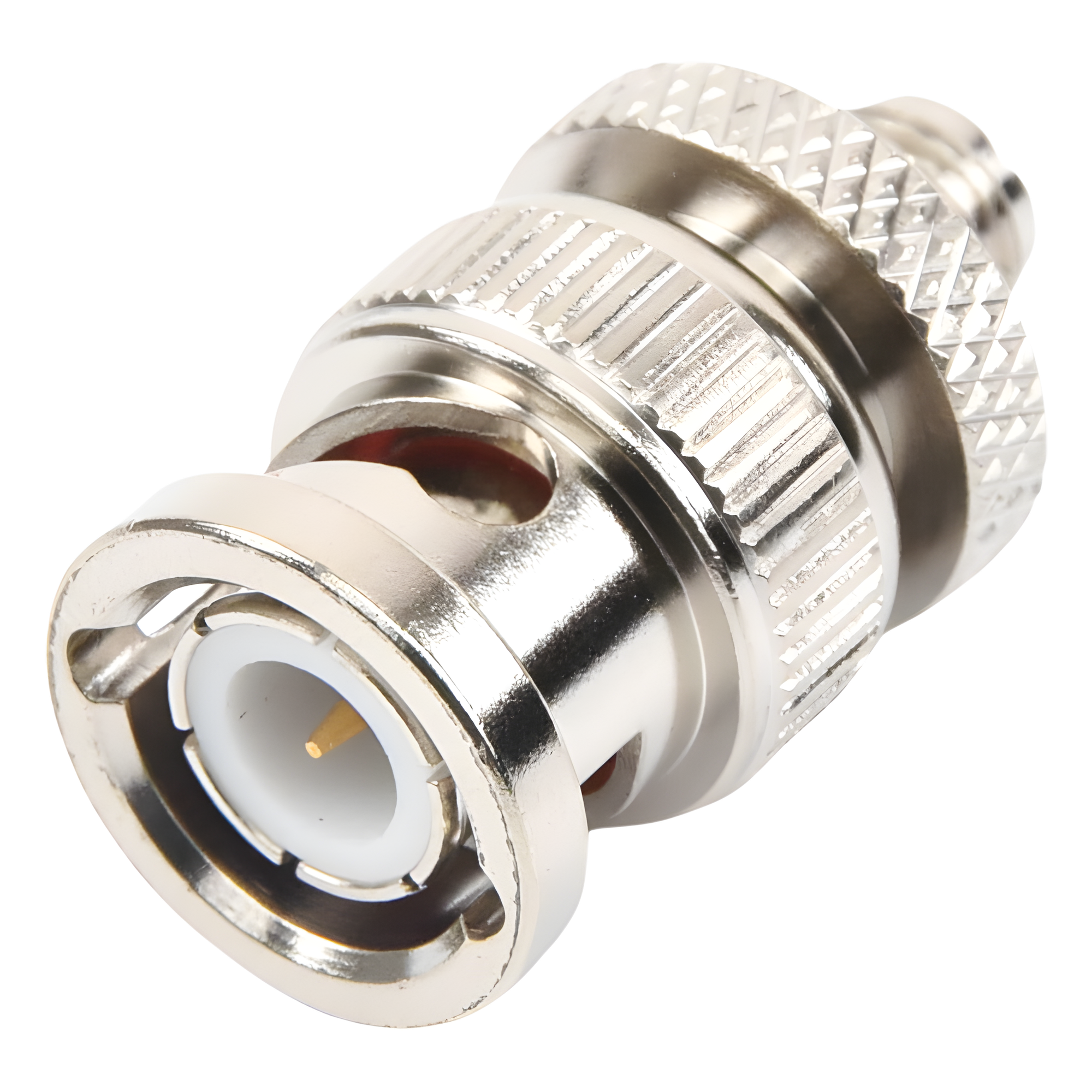 Adaptador Coaxial en Línea / SMA Hembra a BNC Macho / Cuerpo Bronce Niquelado / Contacto Oro / Aislante Teflón