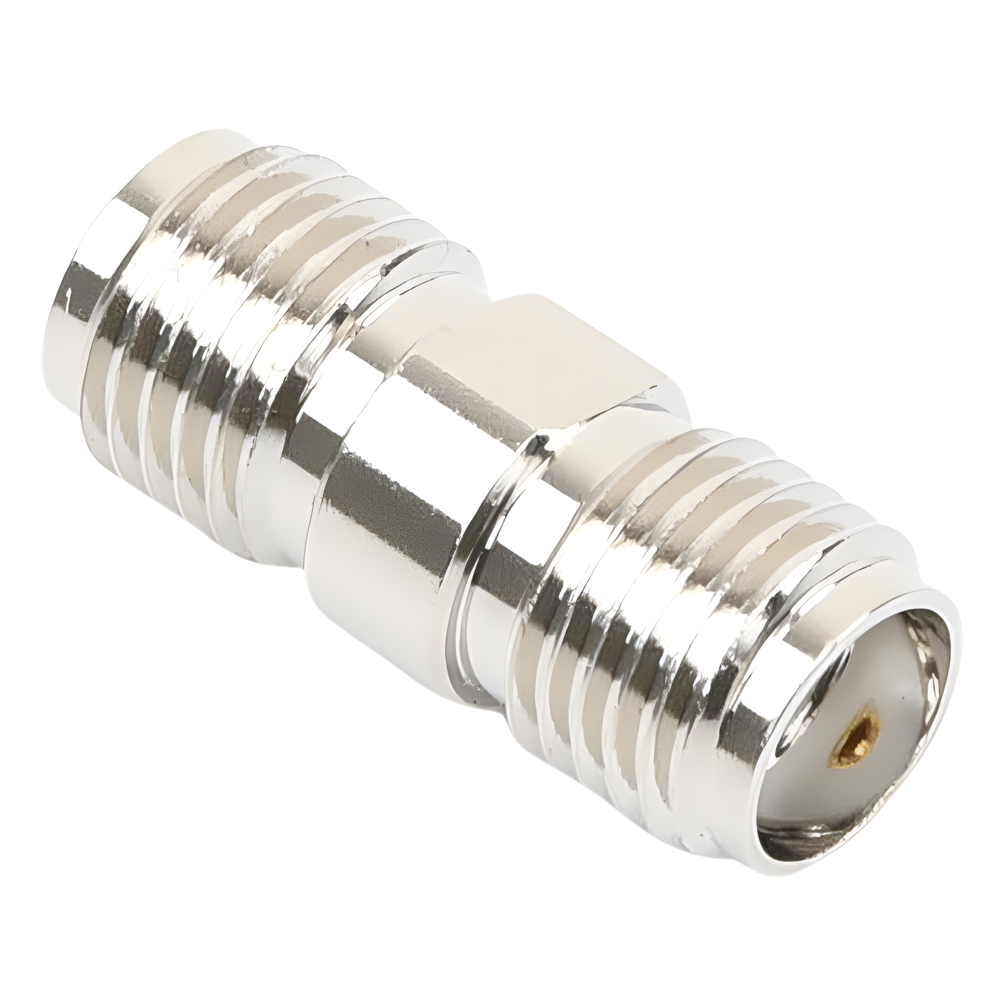 Adaptador Barril RF / Conector SMA Hembra a SMA Hembra / Montaje en Línea / Cuerpo Bronce Niquelado / Contacto Oro / Aislante Teflón