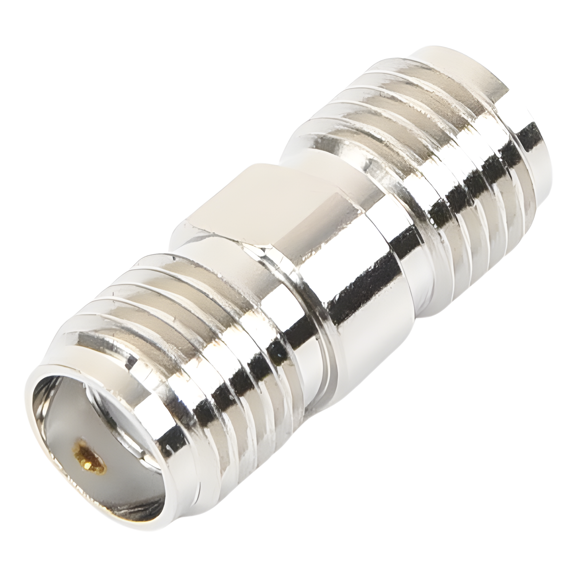 Adaptador Barril RF / Conector SMA Hembra a SMA Hembra / Montaje en Línea / Cuerpo Bronce Niquelado / Contacto Oro / Aislante Teflón