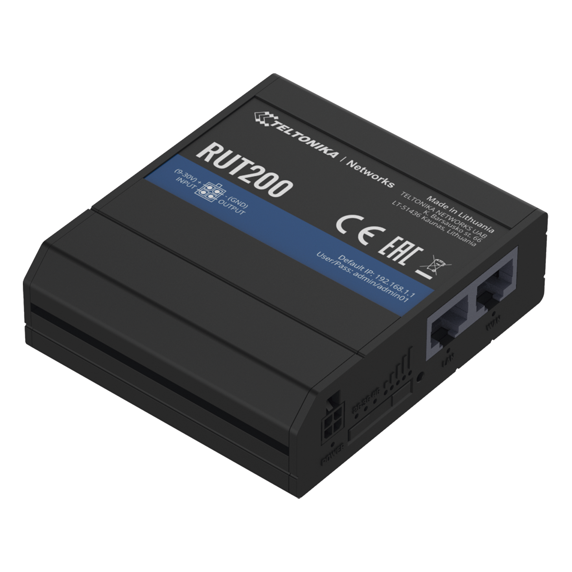 Router Industrial LTE 4G / 150 Mbps Cat 4 / 2 Puertos Ethernet 10/100 / WiFi 2.4 GHz / Montaje Riel DIN / -40°C a 75°C (-40°F a 167°F) — TELTONIKA · SKU RUT200
