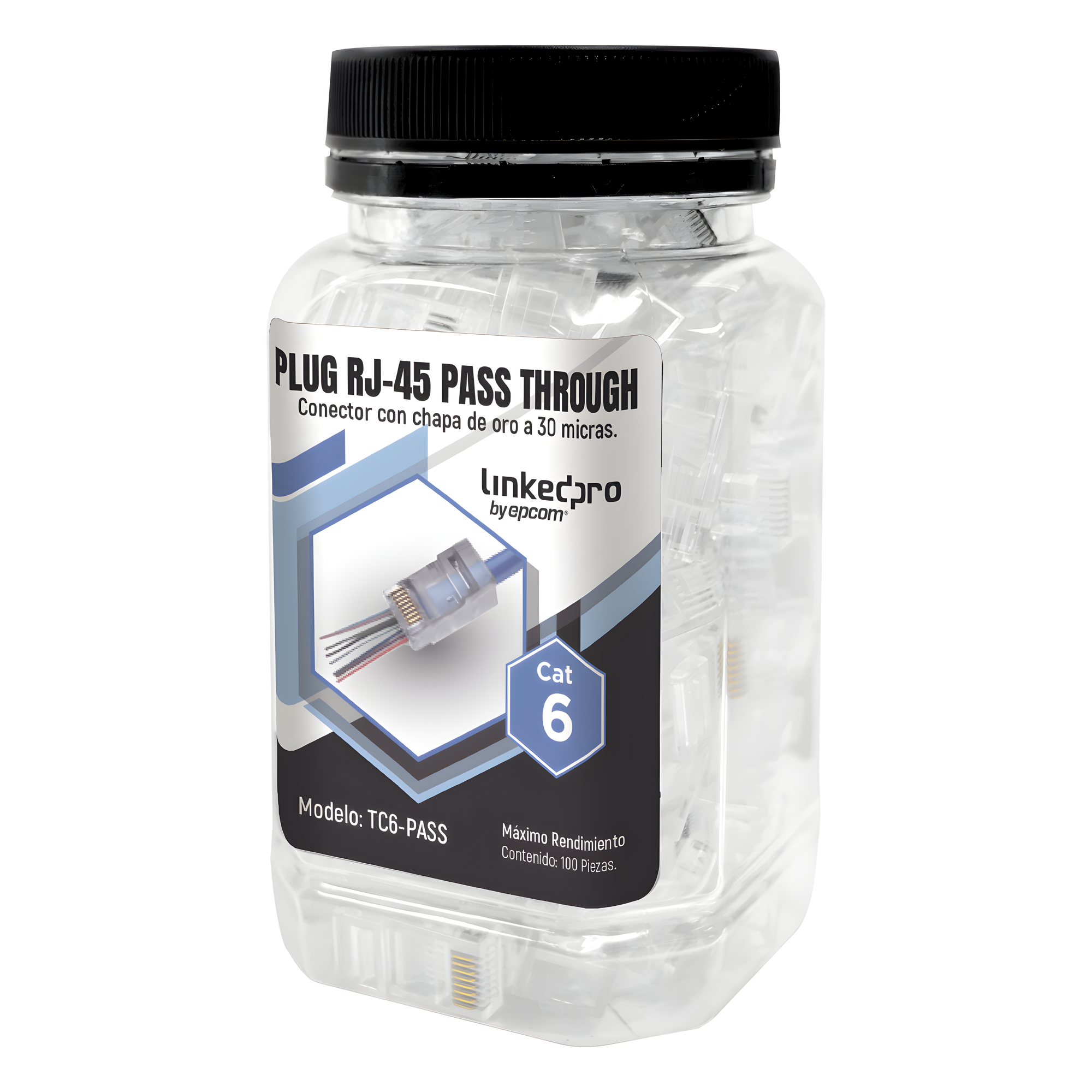 Bote de Plugs Pass Through RJ45 Cat6 / 100 Piezas / Sin Blindaje / Chapado Oro 30 Micras / Diseño Monopieza — LINKEDPRO BY EPCOM · SKU TC6-PASS