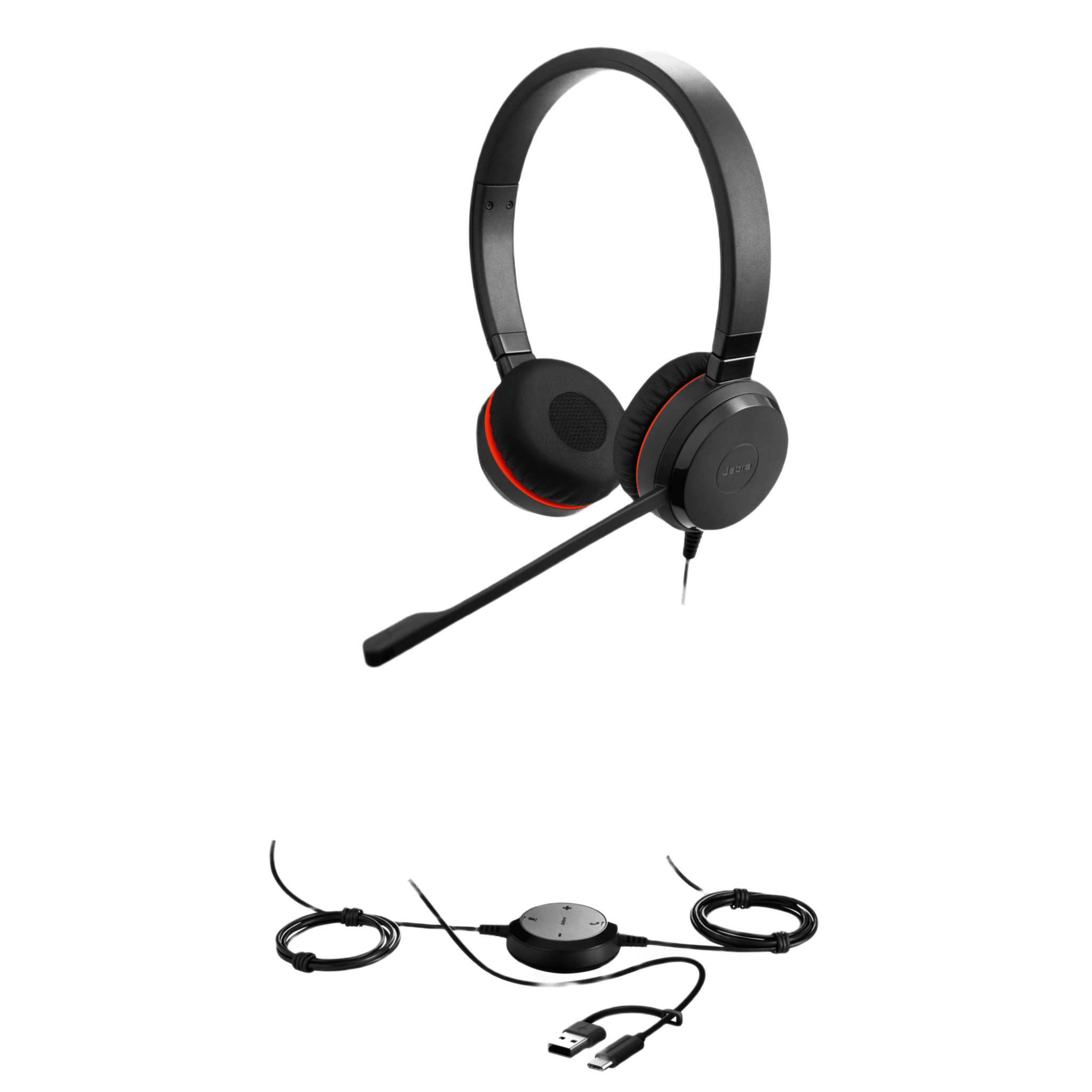 Auricular Profesional UC / Cancelación de Ruido Avanzada / Conexión Dual USB-C/A y 3.5 mm / Micrófono con Supresión de Ruido de Fondo / Controlador en Cable con LED / Almohadillas para Uso Prolongado — JABRA · SKU EVOLVE-30I-IDUO-MS-USBC/A