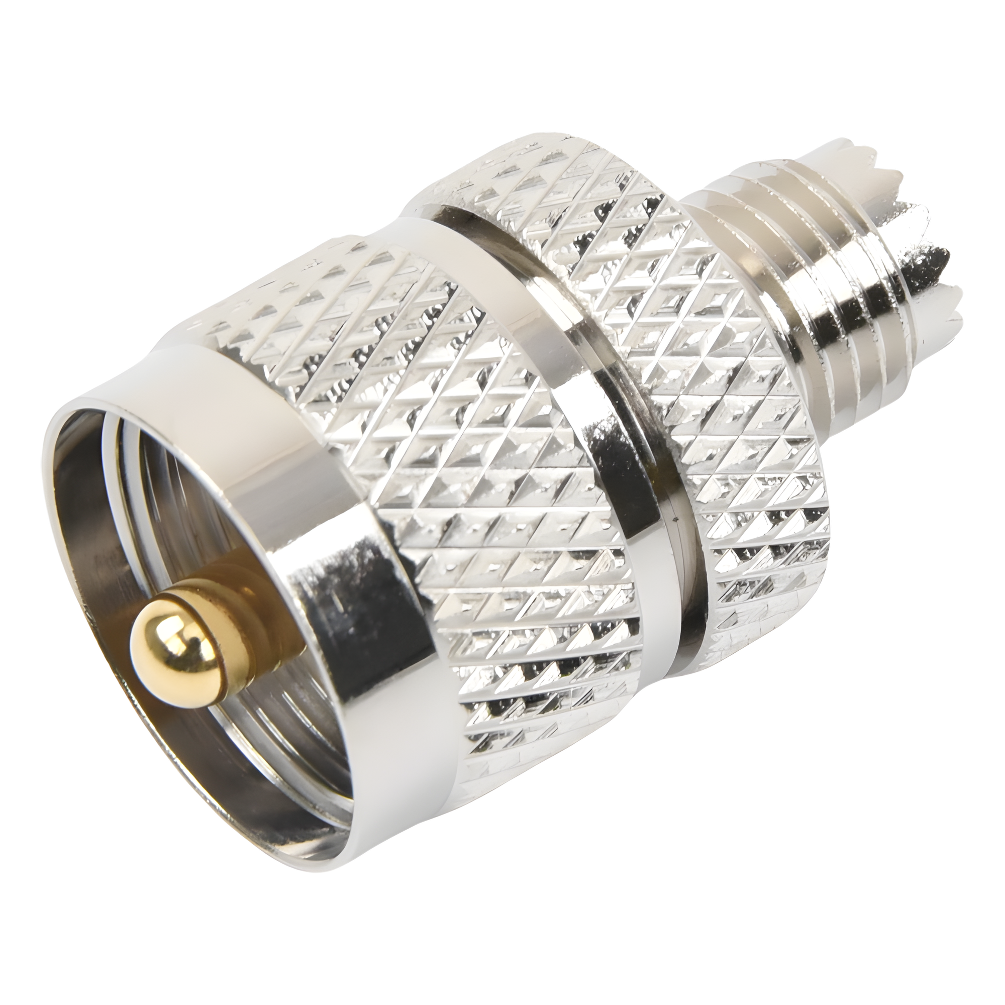 Adaptador RF / Mini UHF Hembra a UHF Macho (PL-259) / Montaje en Línea / Cuerpo Níquel / Contacto Oro / Aislante Teflón