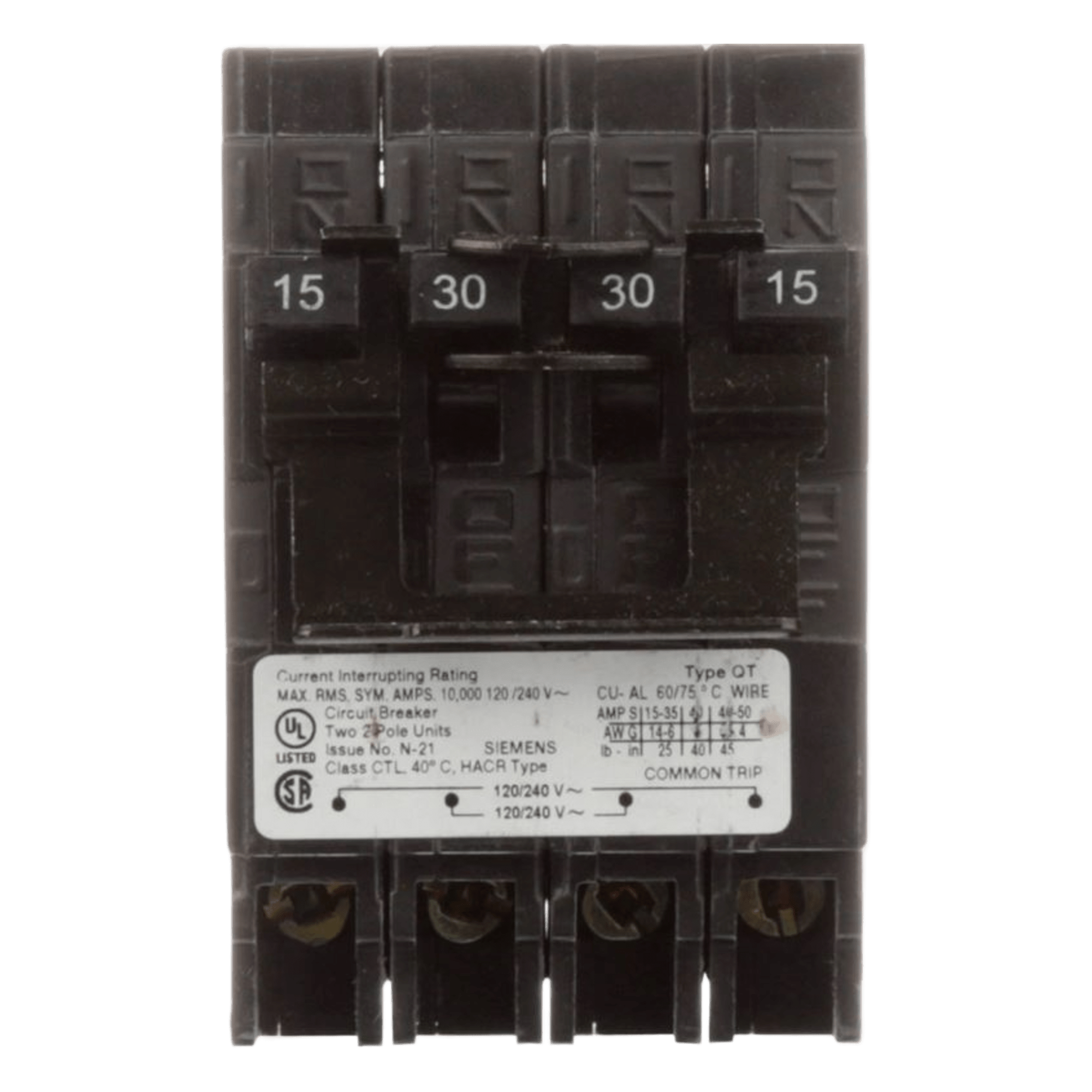 Interruptor Automático Cuádruplex / 2 Polos Dobles / 30-20 A / 120/240 VCA / 10 kA / Enchufable — SIEMENS · SKU Q23020CT2