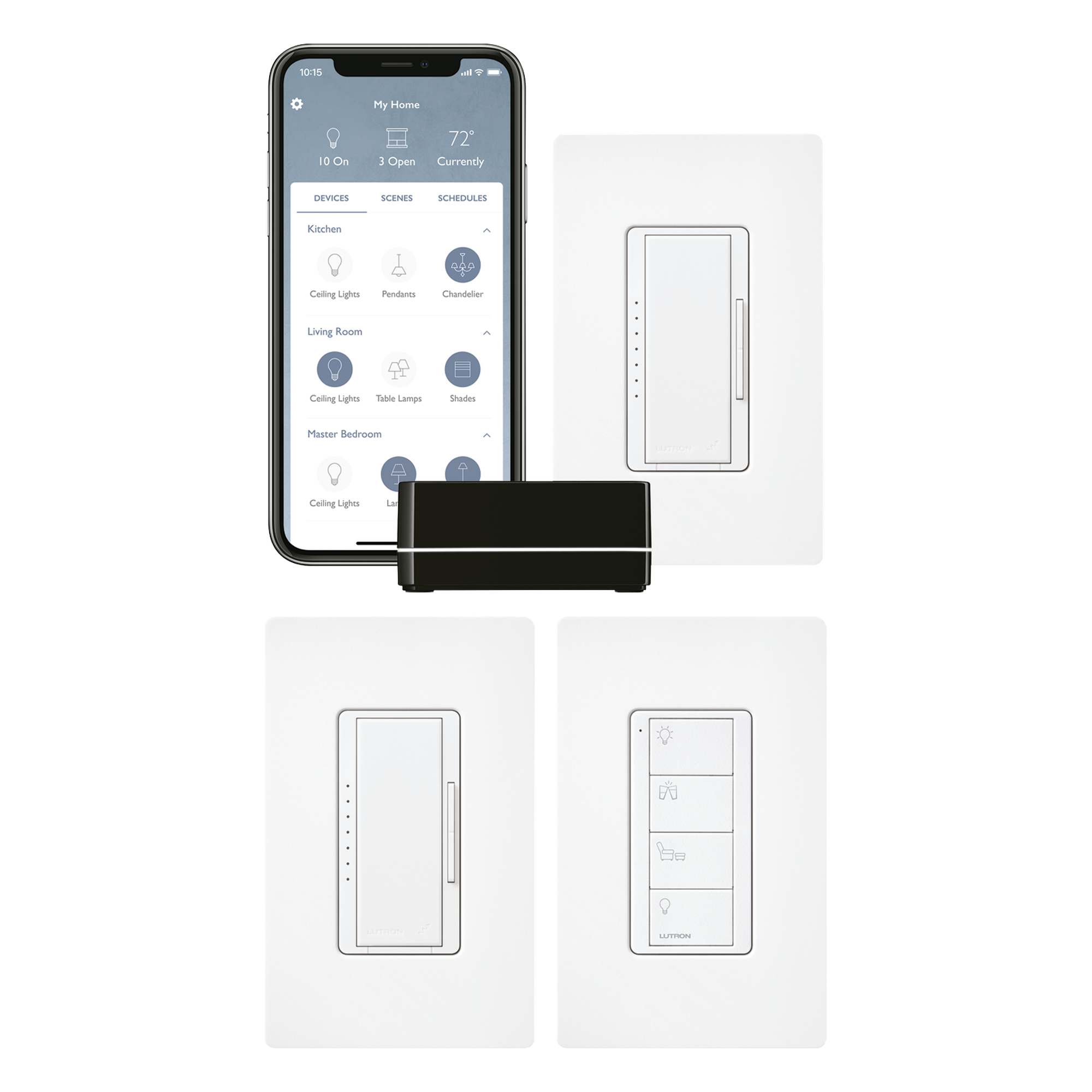 Kit de Inicio para Control Inteligente de Iluminación / Hasta 100 Dispositivos Inalámbricos / Control por App iOS y Android / Compatible con Alexa y Google Assistant / Comunicación RF Clear Connect / Incluye 2 Atenuadores, Control Pico y Placas de Pared — LUTRON ELECTRONICS · SKU RRSELKITPROS