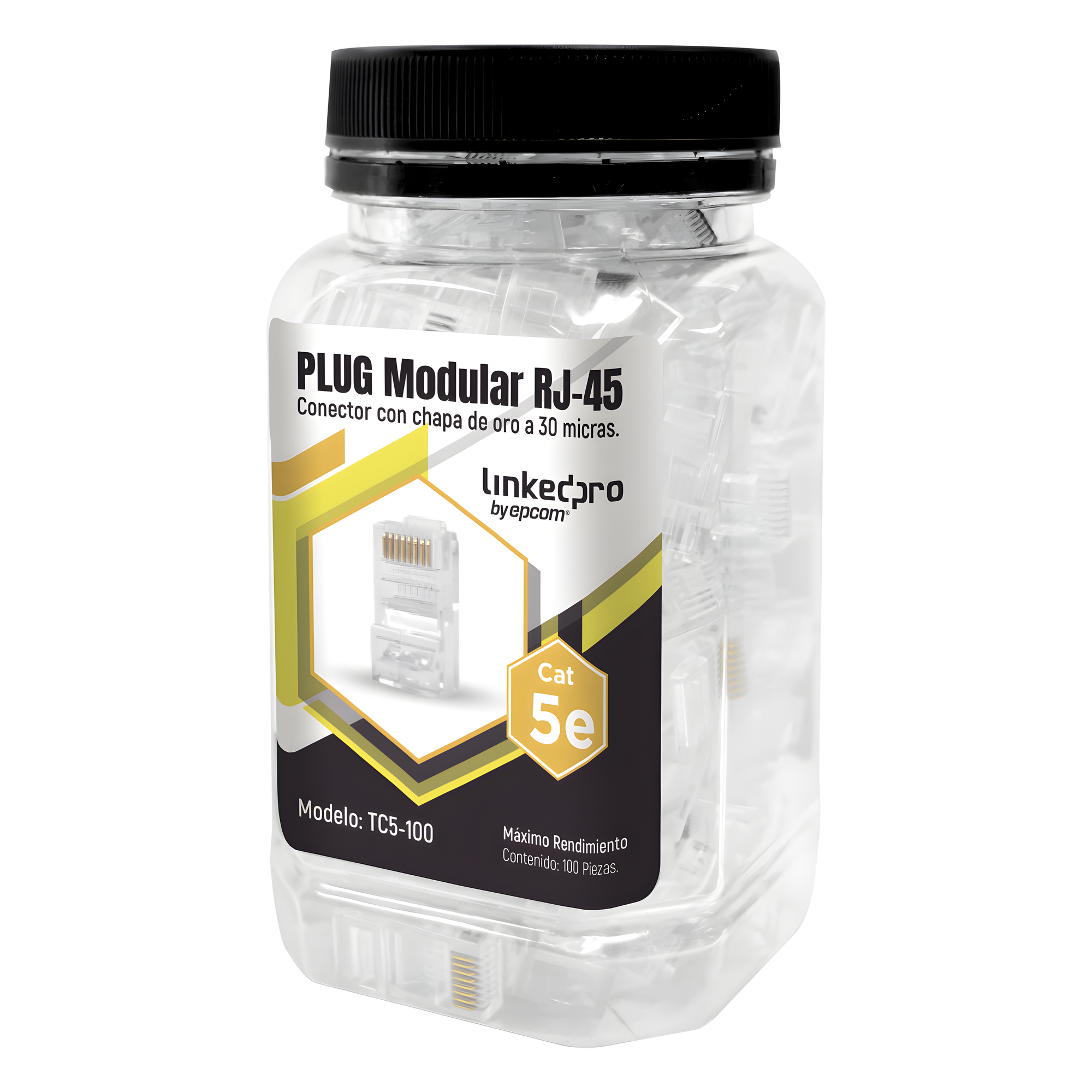 Bote de 100 Conectores RJ45 Cat5e / Sin Blindaje / Chapado Oro 30 Micras / 24 AWG / TIA-568B.2 — LINKEDPRO BY EPCOM · SKU TC5-100