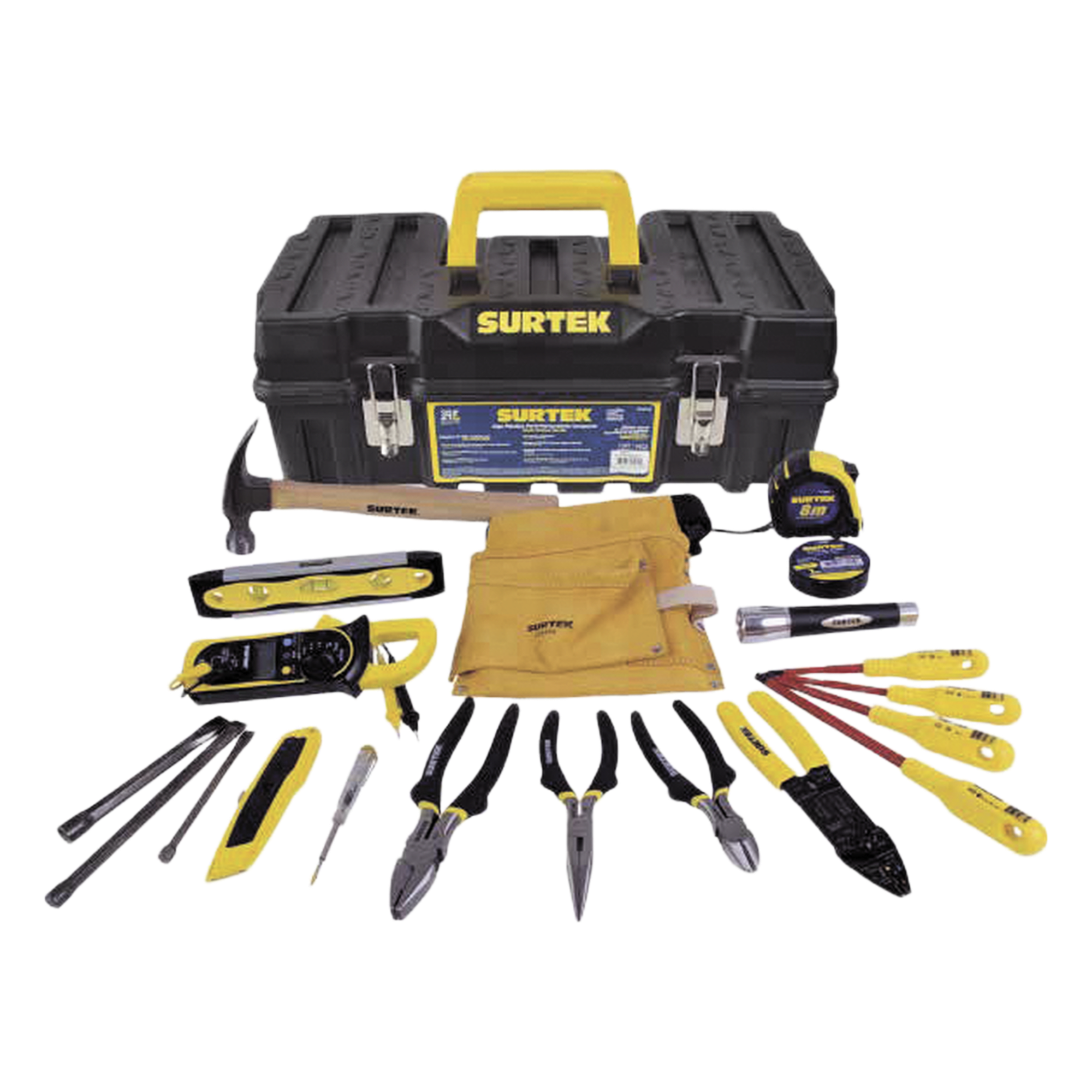 Juego de Herramientas para Electricista / 21 Piezas / Multímetro Digital de Gancho / Destornilladores Aislados 1000V / Caja Plástica 21" (53.3 cm) — SURTEK · SKU SYS125411