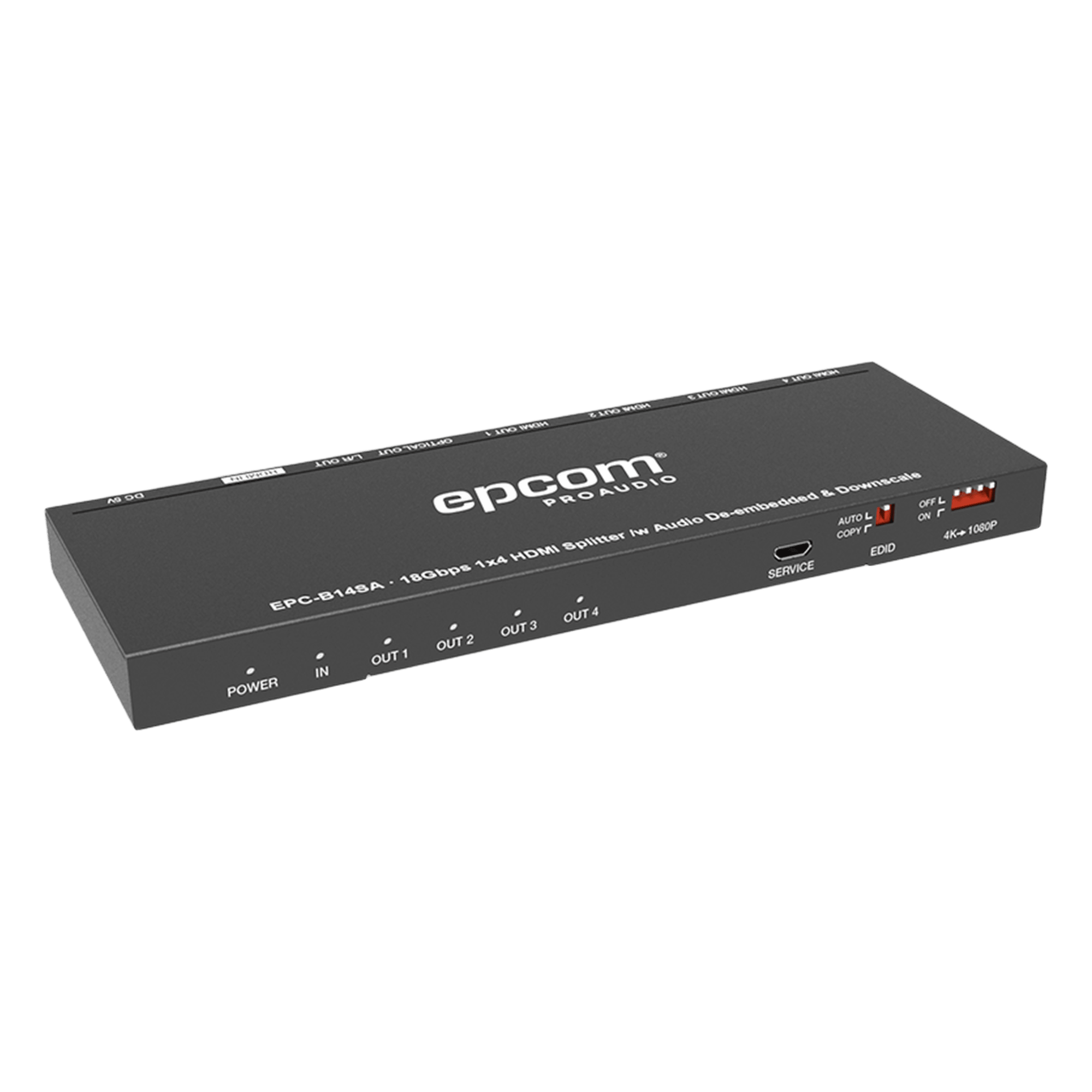 Splitter HDMI / 1x4 Salidas Simultáneas / 4K@60Hz 4:4:4 / HDMI 2.0b / Extractor de Audio Óptico y Analógico / Down Scaler 4K a 1080p / HDCP 2.2 / 18 Gbps — EPCOM PROAUDIO · SKU EPC-B14SA