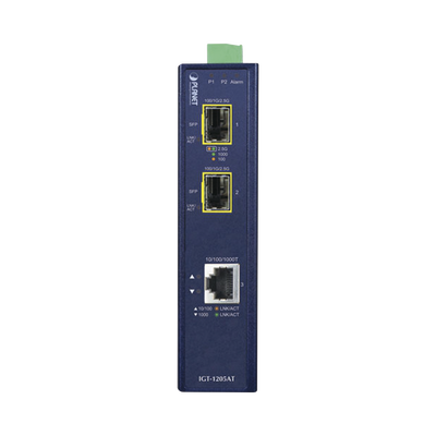 Convertidor de Medios Industrial de 1 Puerto Ethernet 10/100/1000 Base-T a 2 Puertos SFP 100/1000/2500 Base-X 