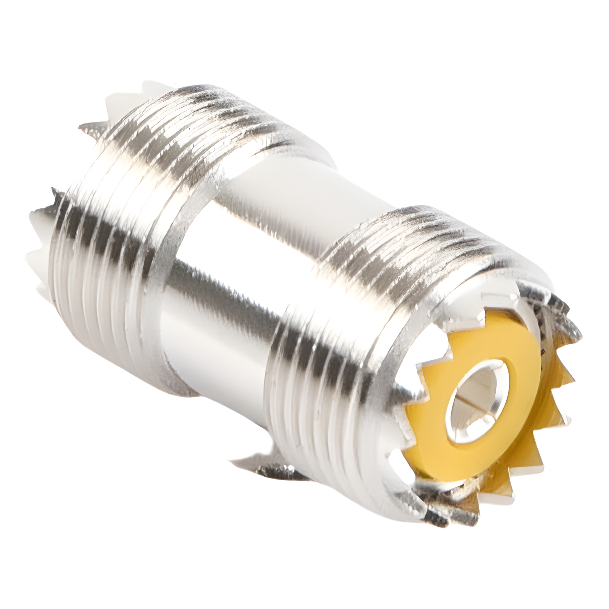 Adaptador Coaxial Barril / UHF Hembra SO-239 a UHF Hembra SO-239 / Montaje en Línea / Cuerpo Bronce Niquelado / Contacto Plateado