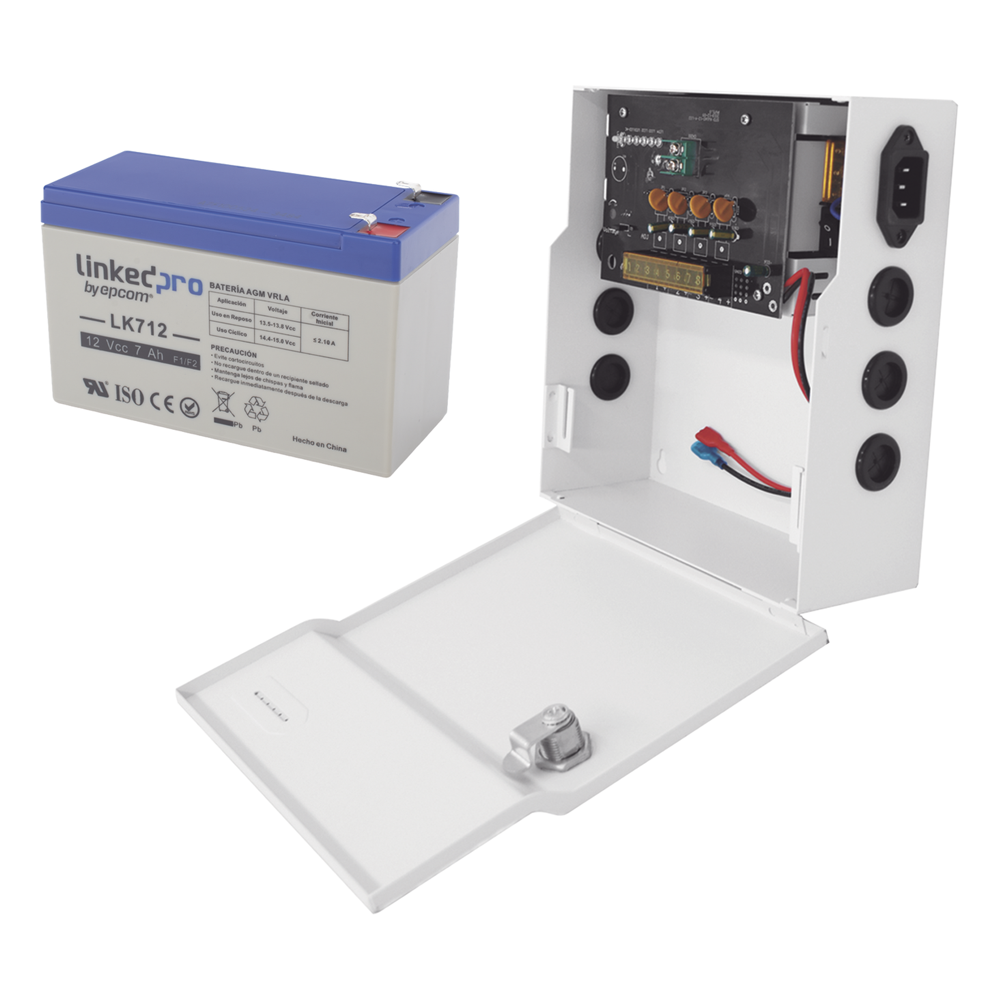 Fuente de Alimentación con Respaldador / 96-264 VCA / 11-15 VCC @ 4 A / Batería AGM 12 VCC 7 Ah / Salida Temporizada 0-45 s / 214.5x200x71 mm — EPCOM POWERLINE · SKU PLK12DC4ABK/K