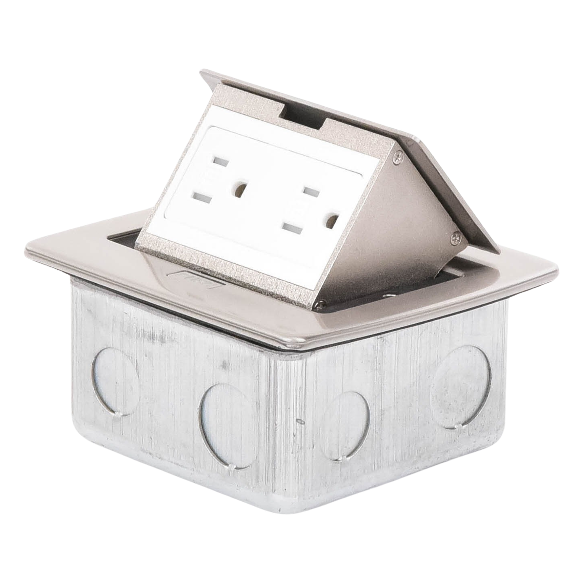 Mini Caja de Piso Rectangular / Acero Inoxidable / 2 Contactos 127V / 15A / 12.4 x 12 x 7.2 cm / 4.88 x 4.72 x 2.83 pulg
