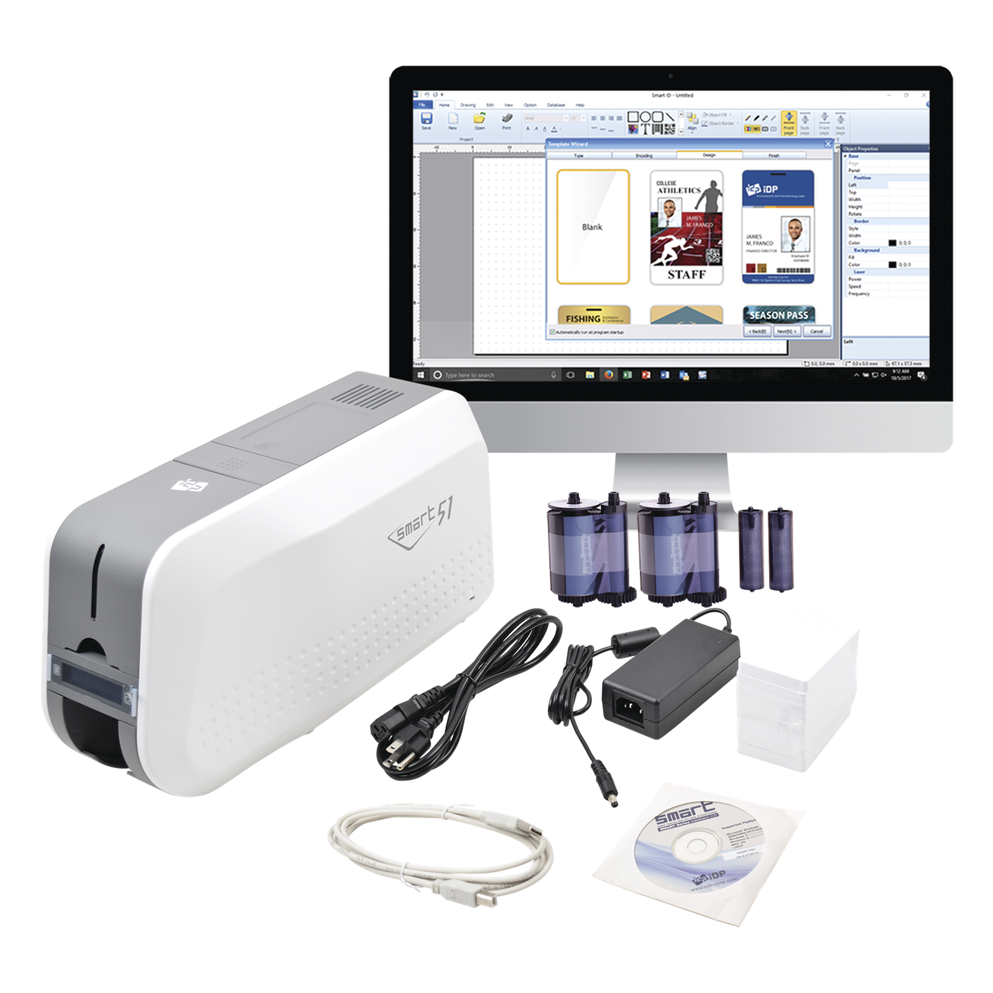 Kit de Impresora de Tarjetas PVC / Una Cara / 300 dpi / USB / 100-200 Tarjetas / Windows, Mac, Linux — IDP · SKU SMART51SK