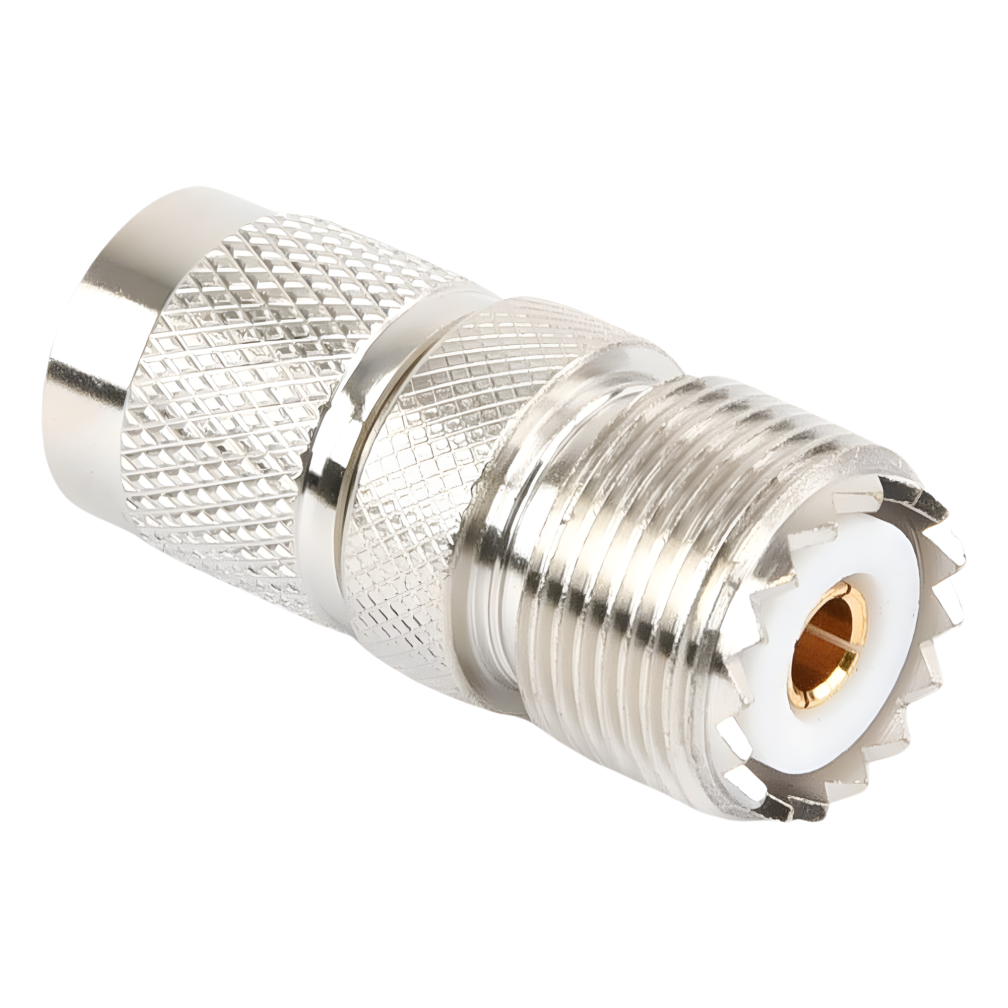 Adaptador de Conector RF / TNC Macho a UHF Hembra SO-239 / Montaje en Línea / Cuerpo Bronce Niquelado / Contacto Oro / Aislante Teflón