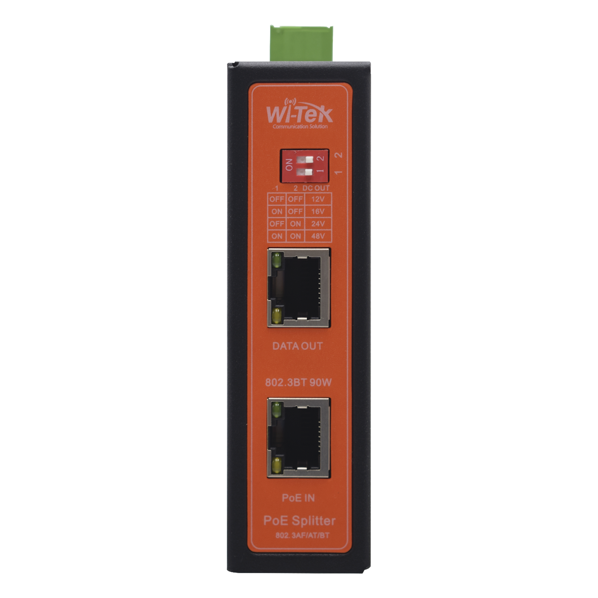 Splitter PoE Industrial / Entrada 90 W 802.3bt / Salida DC Seleccionable 12V/16V/24V/48V / 2 Puertos Gigabit / Protección 6 kV / Riel DIN