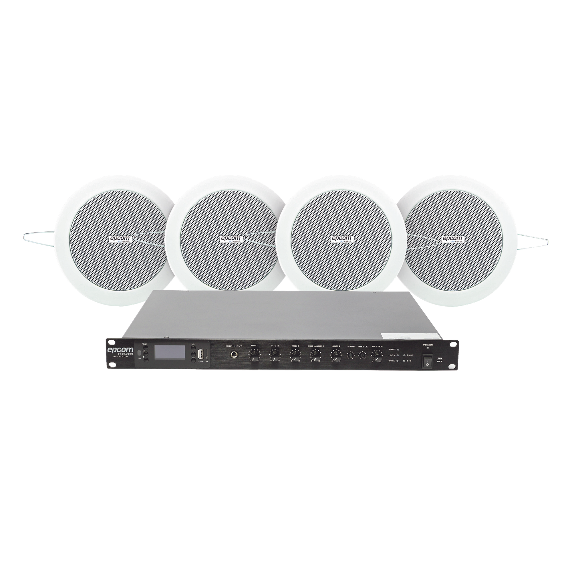 Kit de Sonido Ambiental / Amplificador 120W RMS / 4 Altavoces de 4in / Sistema 70/100V / Bluetooth y MP3 / Falso Techo — EPCOM PROAUDIO · SKU SF120DTB/4CS