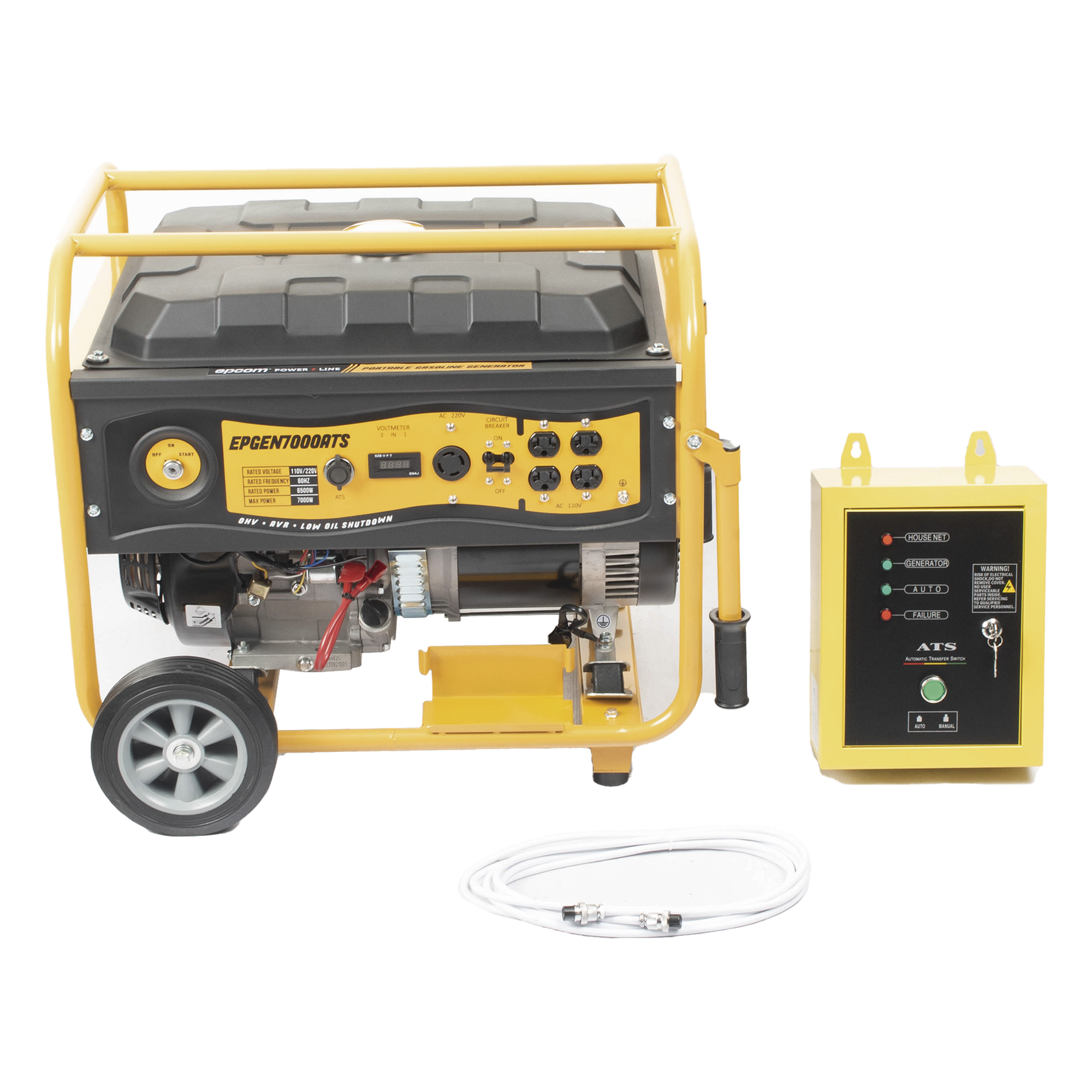 Generador de Emergencia / 6.5 kW Nominal / 7 kW Máxima / Arranque Automático / 220V Bifásico / 60 Hz / Tanque 25 L / 12 h Autonomía — EPCOM POWERLINE · SKU EPGEN7000ATS