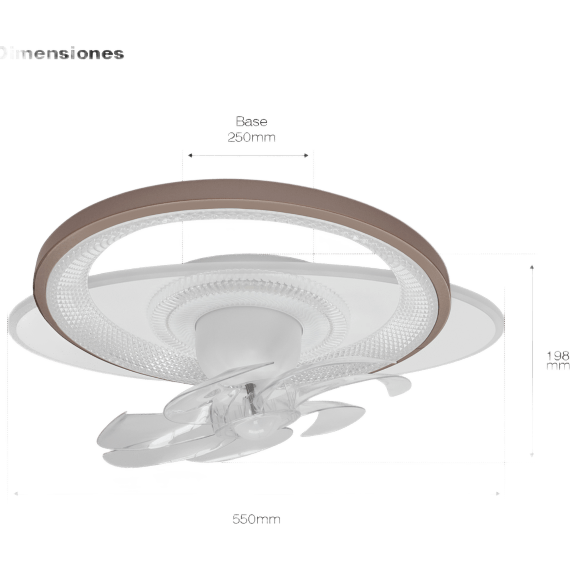 Ventilador de Techo con Luminario LED de 110 V CA 50/60 Hz /  88 W / 3 Tonos de Luz (6500 - 4 000 - 2 700 K) / Con giro 360° / Diámetro 550 mm / 6 Velocidades / Dimeable.