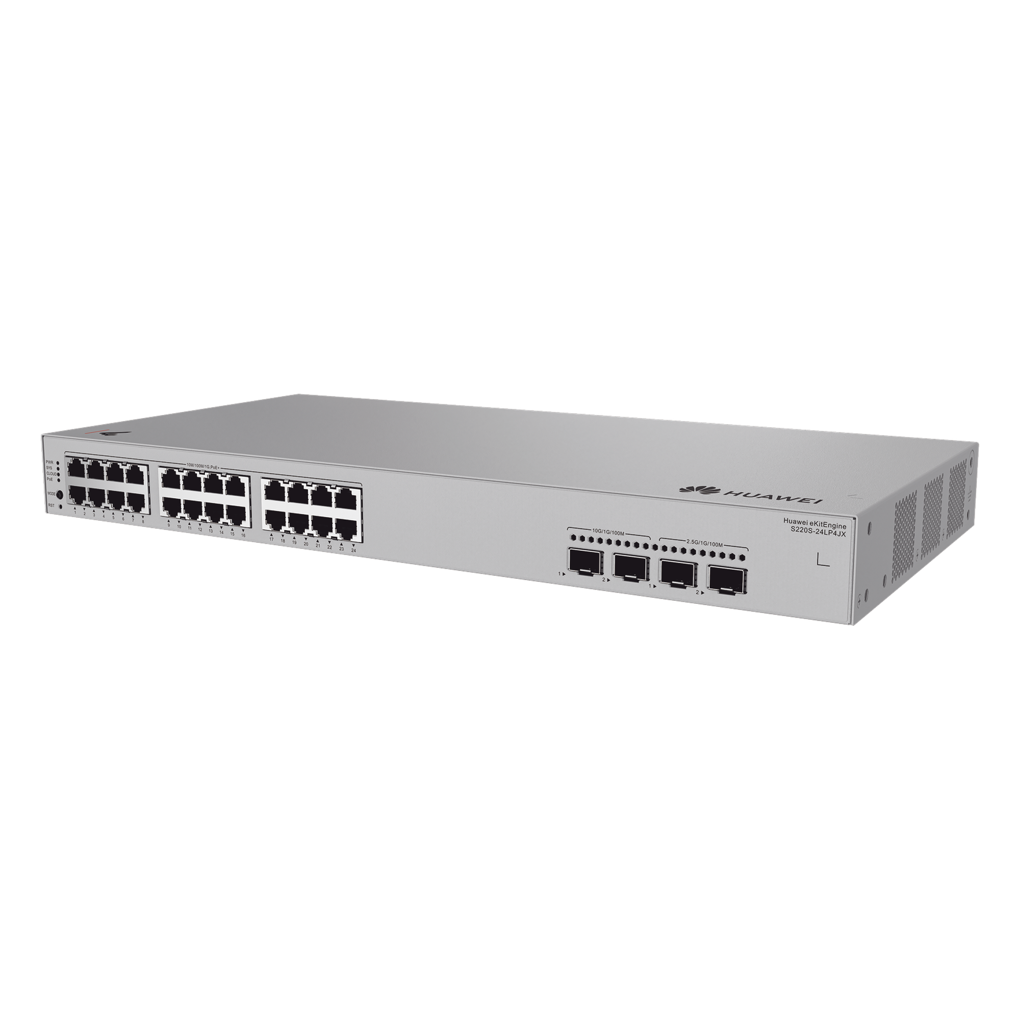 Switch Administrable Capa 2 / 24 Puertos PoE+ Gigabit / 2 SFP 2.5 Gbps + 2 SFP+ 10 Gbps / PoE Perpetuo / 195 W / 98 Gbps / 2.95 x 18.04 x 11.81 in — HUAWEI · SKU S220S-24LP4JX