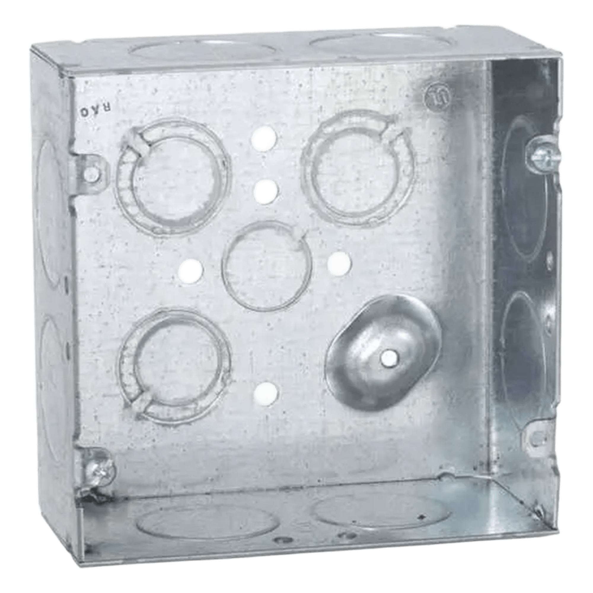 Caja Cuadrada de Acero Galvanizado / Montaje Superficial / 12 Entradas TKO / Capacidad 42 in³ / Dimensiones 4.688 x 4.688 x 2.125 in — RACO · SKU HUB-258