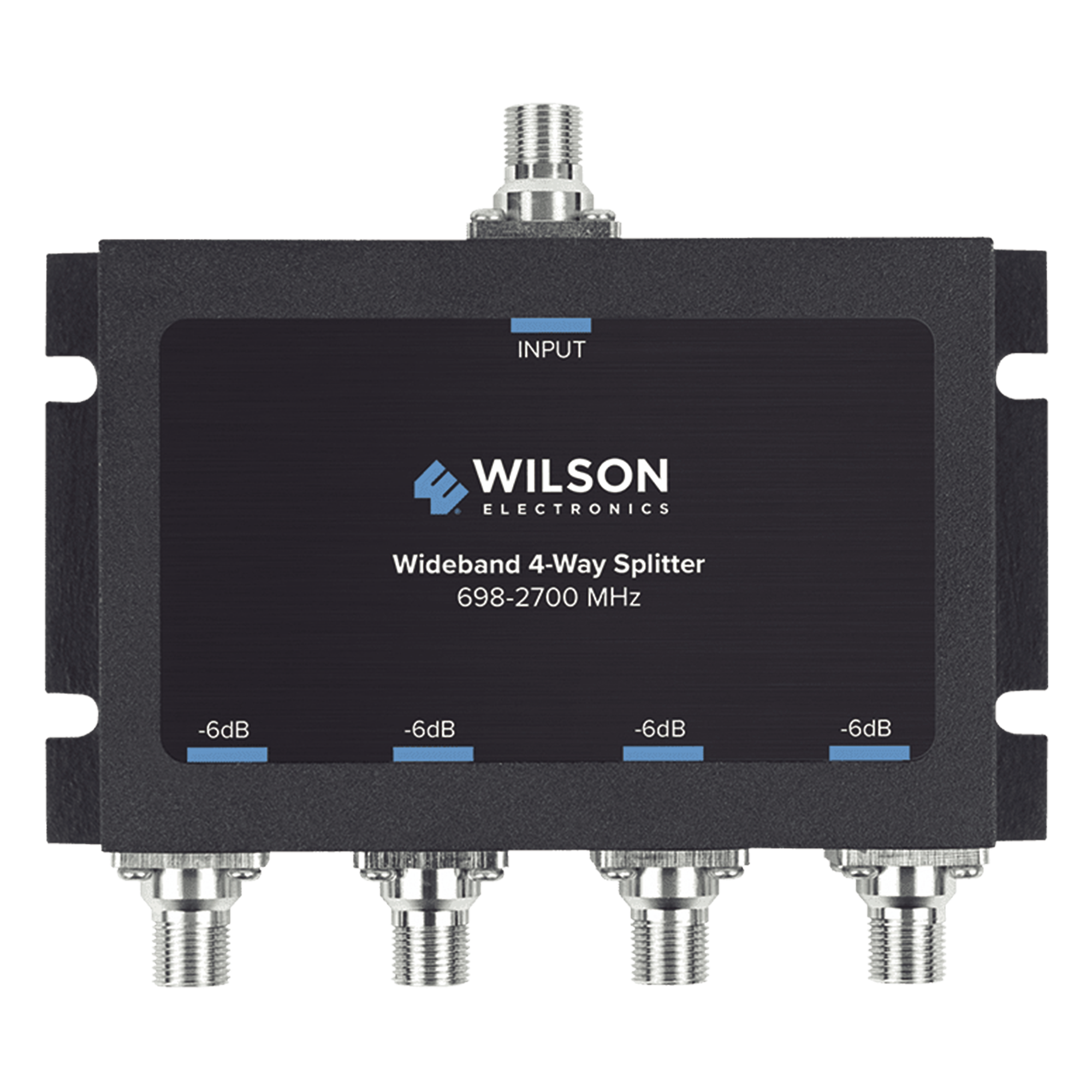 Divisor de Potencia de 4 Vías / 6 dB Pérdida por Puerto / 698-2700 MHz / Conectores F Hembra / 75 Ohm — WILSONPRO / WEBOOST · SKU 850-036