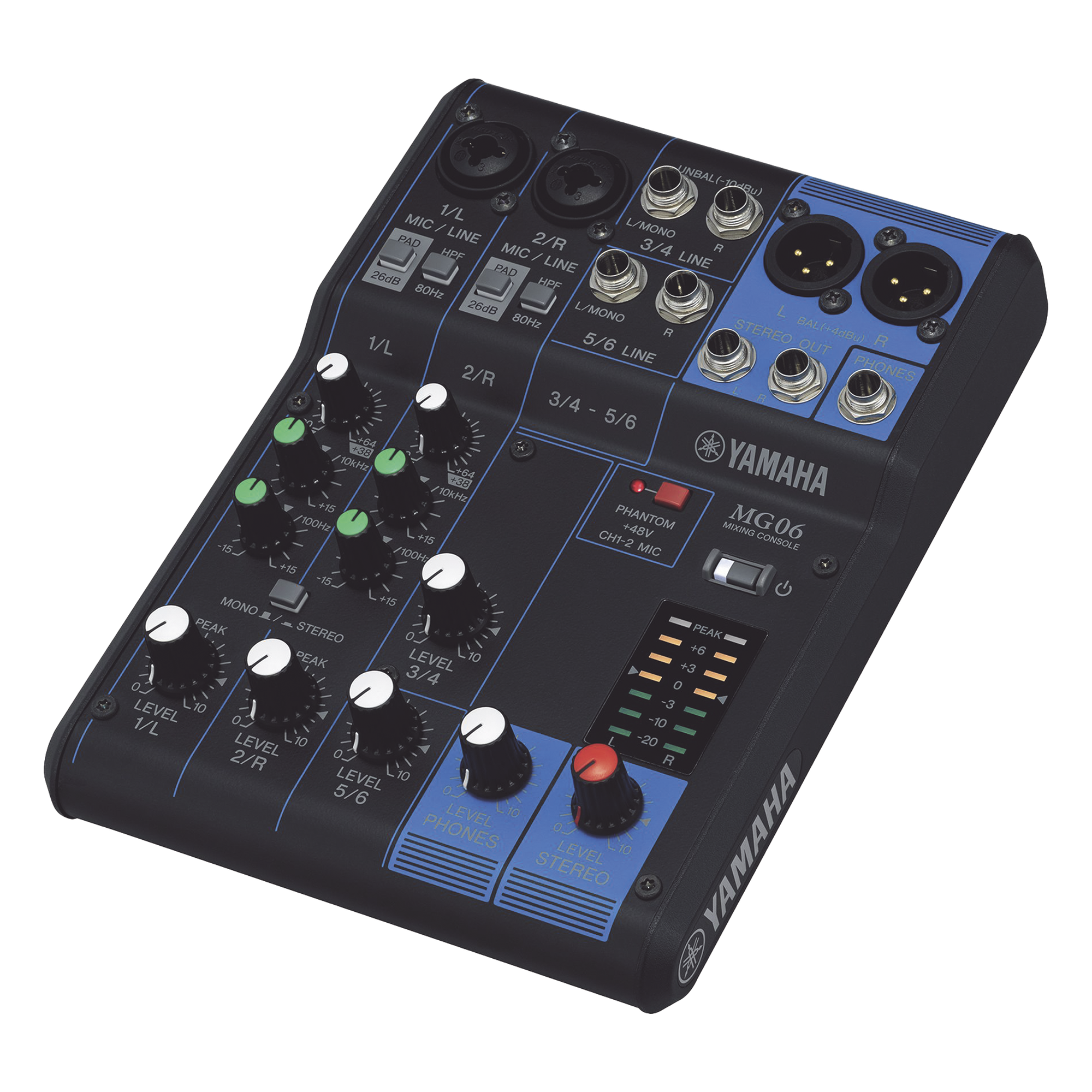 Mezcladora de Audio / 6 Canales / 2 Entradas de Micrófono / 6 Entradas de Línea / Phantom +48 V / Chasis Metálico Compacto — YAMAHA · SKU MG06