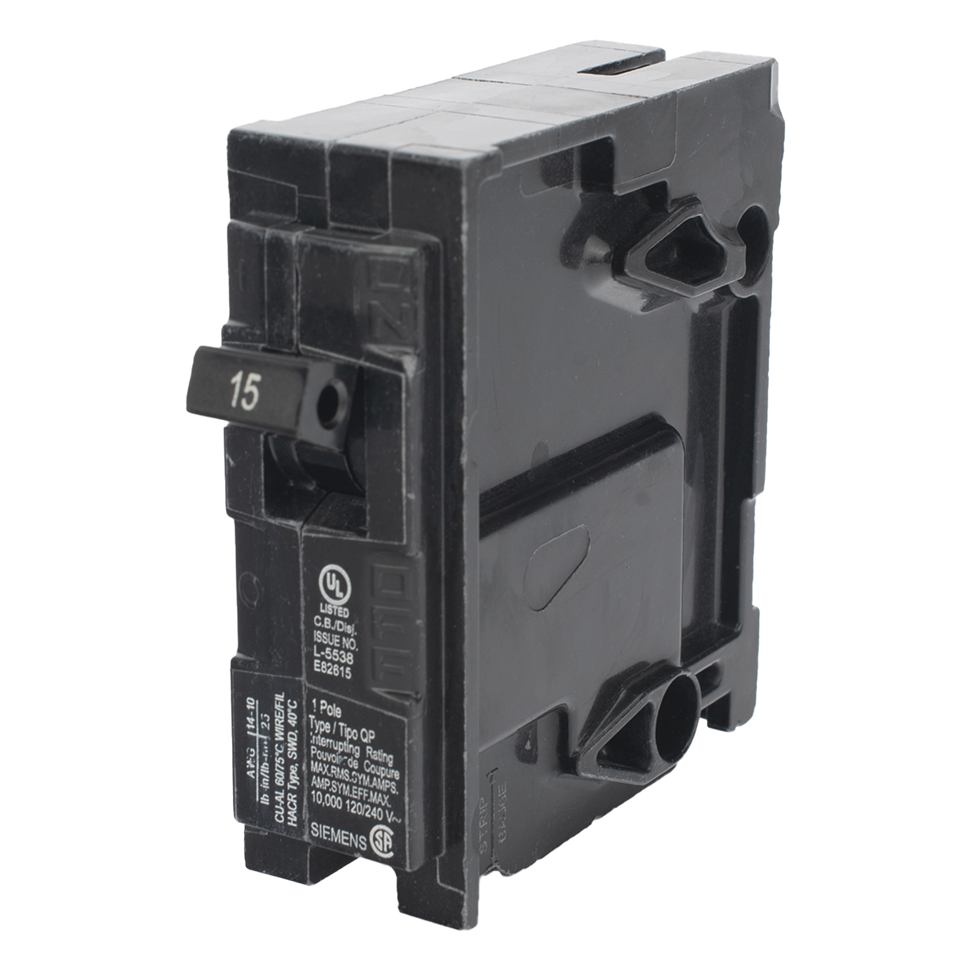 Interruptor Automático Enchufable / 1 Polo / 15 A / 120 V AC / Capacidad de Interrupción 10 kA / UL 489 — SIEMENS · SKU Q115S