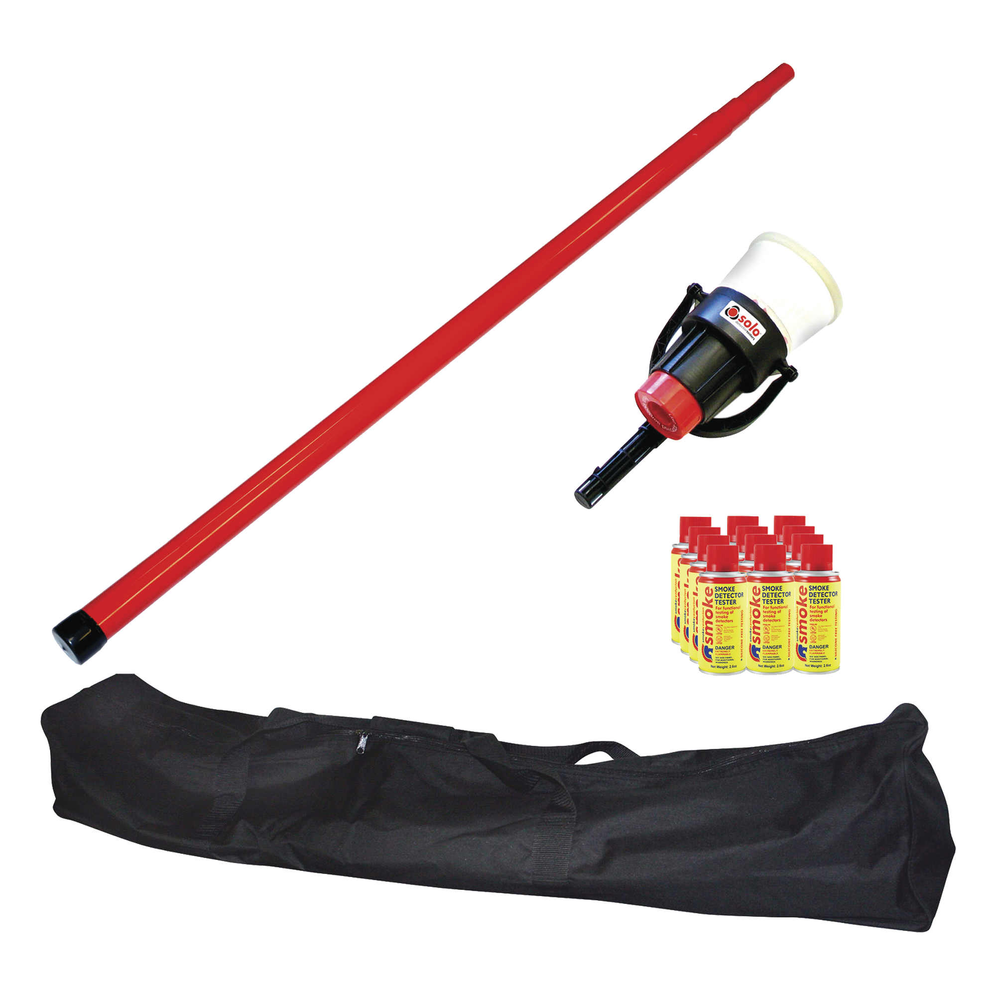 Kit de Prueba de Detectores de Humo / Pértiga Telescópica 4.6 m (15.1 ft) / Dispensador Manual 4" / 12 Latas de Humo Sintético / Detectores hasta 100 mm / Fibra de Vidrio No Conductora — SDI · SKU SOLO-809-KIT