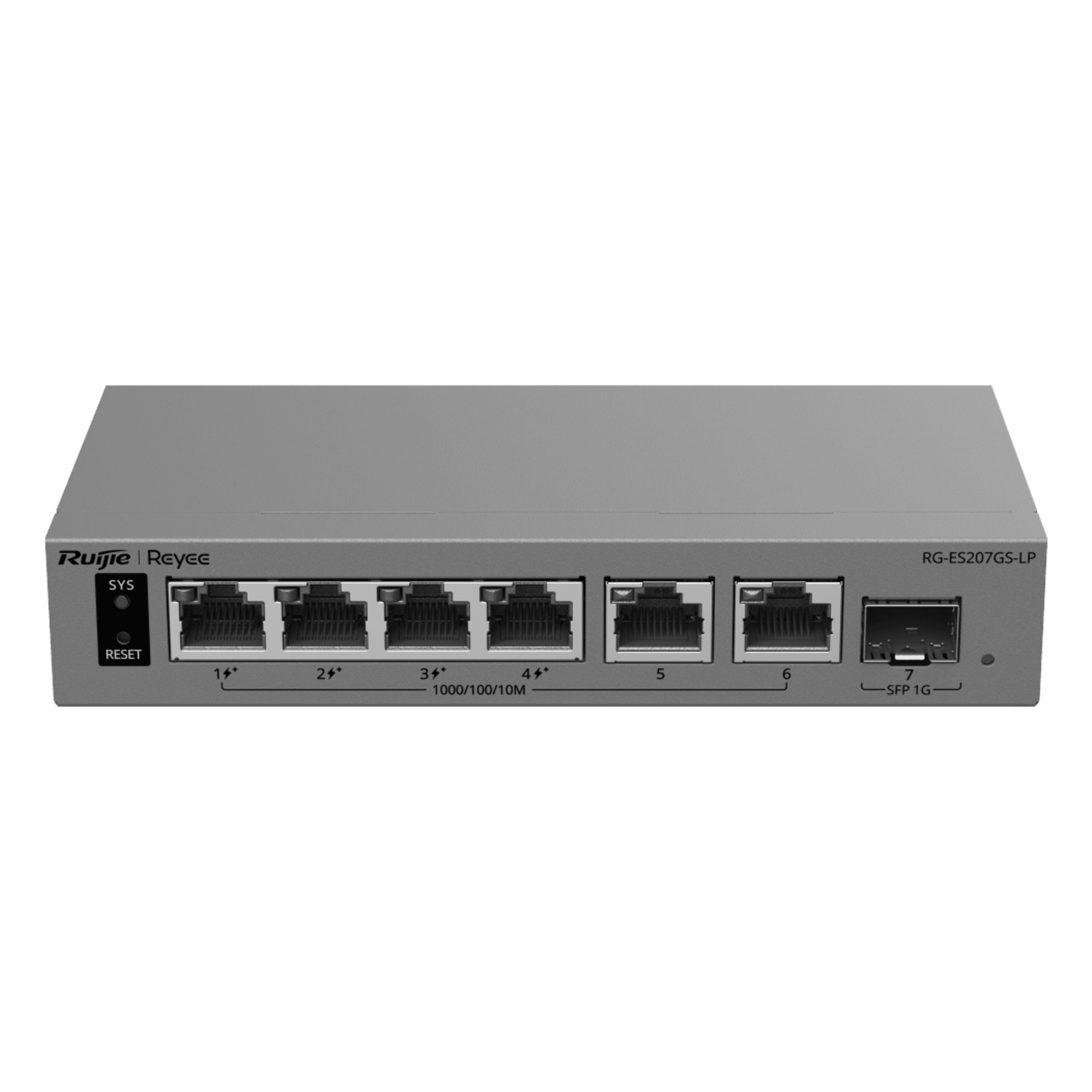 Switch Gigabit Smart Cloud / 7 Puertos / 4 PoE+ 40 W / 1 SFP Uplink / Capa 2 / Protección 6 kV / Fanless — RUIJIE · SKU RG-ES207GS-LP