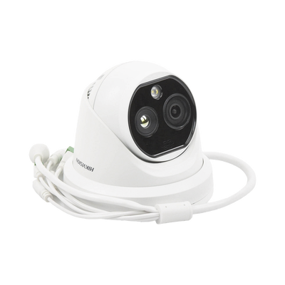 Turret IP Dual / Térmica 1.8 mm (160 x 120) / Óptico 2 mm (4 Megapixel) / Detección de Personas 53 mts / 15 mts IR / Exterior IP67 / PoE / Termométrica / Detección de Temperatura / Sirena y Luz / Micro SD 32 GB Incluida 
