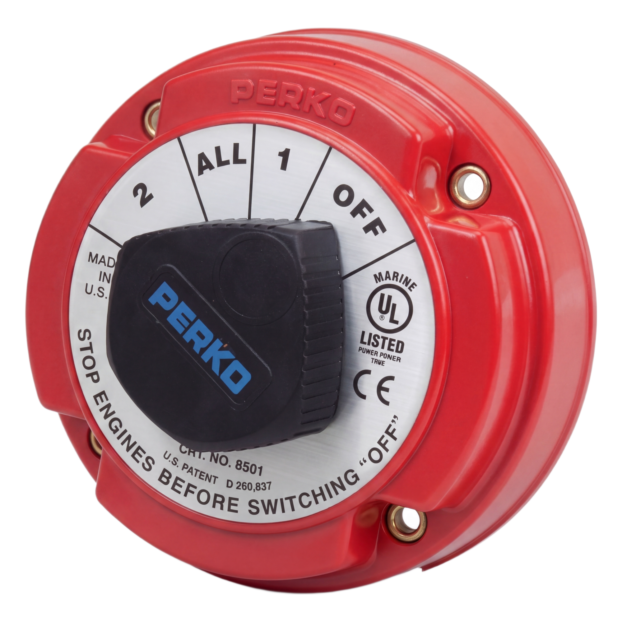Switch Selector de Batería Marina / 250A Continuos / 360A Intermitentes / 6-32 VCC / 4 Posiciones 1-2-Both-Off / Desconexión de Alternador Integrada / Encendido Protegido — PERKO · SKU 8501DP