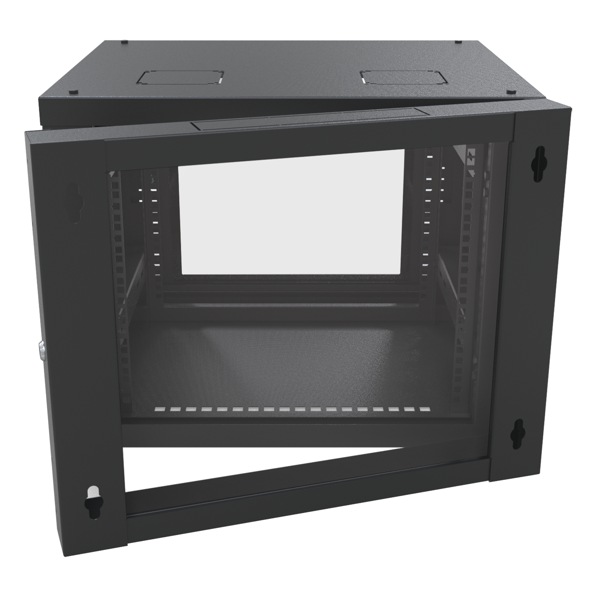 Gabinete de Pared Abatible / Rack 19" 12U / Carga 50 kg / Cristal Templado / Giro 180° / Acero Negro