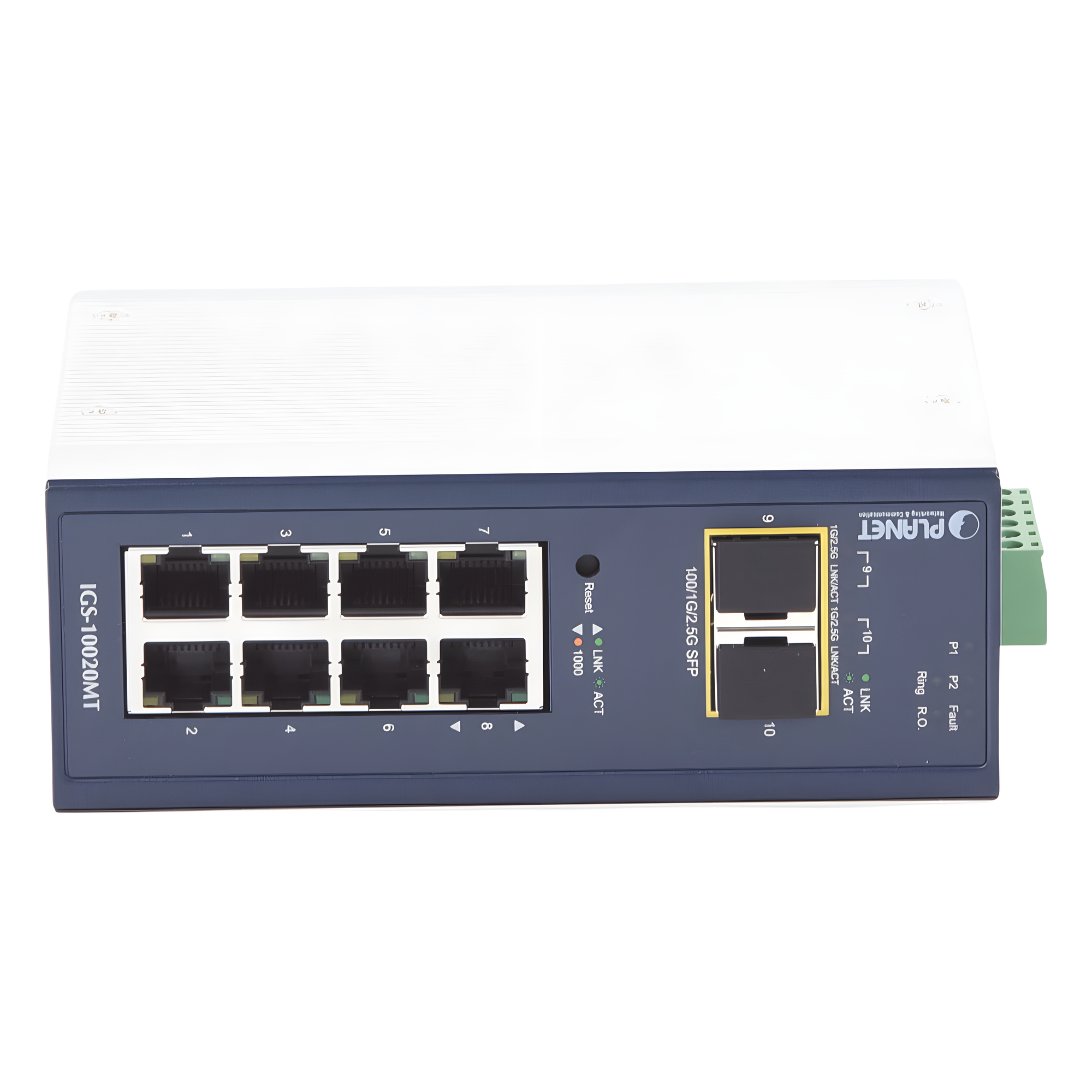 Switch Industrial Administrable Capa 2 / 8 Puertos 10/100/1000T / 2 Puertos SFP 1G/2.5G / IP30 / Relé Alarma 1A / Doble 12-48VDC — PLANET · SKU IGS-10020MT